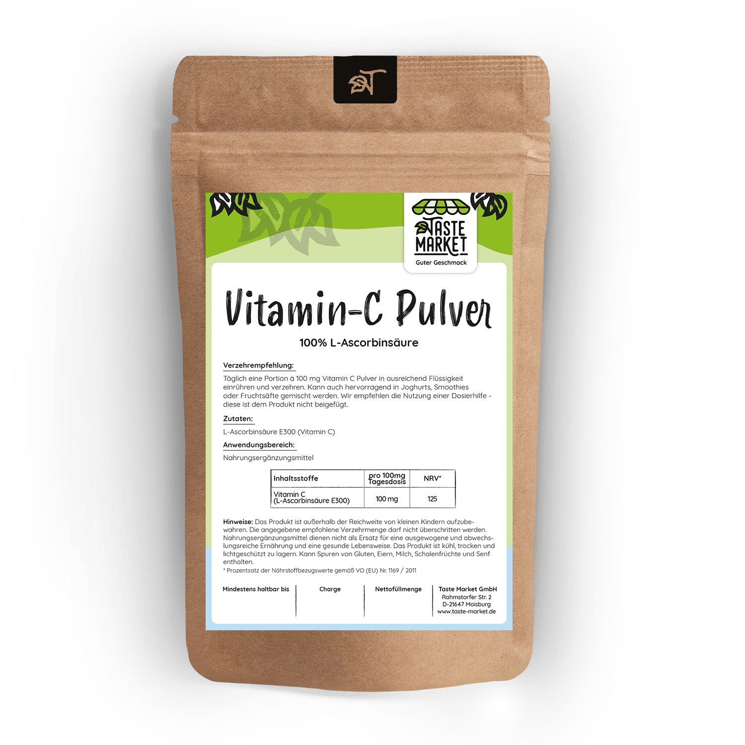 Beutel mit Vitamin-C-Pulver. Aufschrift: Vitamin-C Pulver, 100% L-Ascorbinsäure. Text mit Nährwertangaben. Marke: Taste Market.