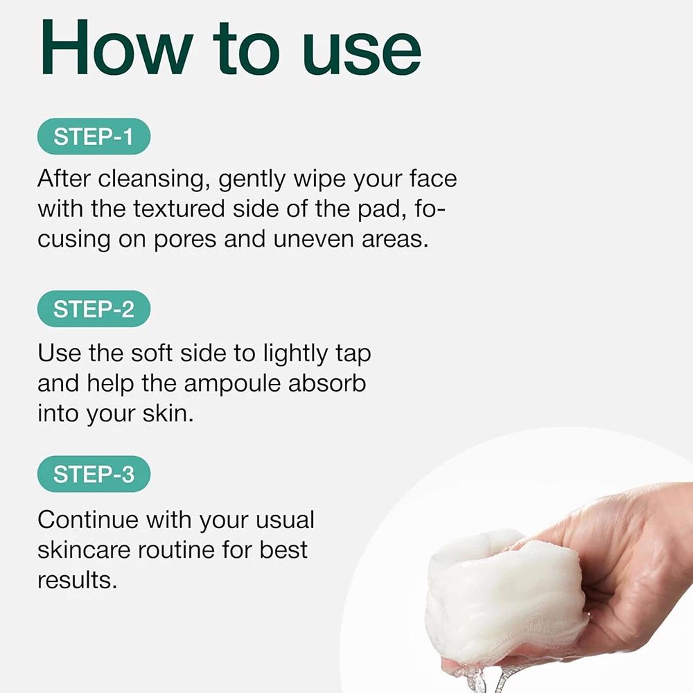 Text: Anwendung. Drei Schritte: Reinigen, Gesicht abwischen, weiche Seite verwenden, Hautpflege.