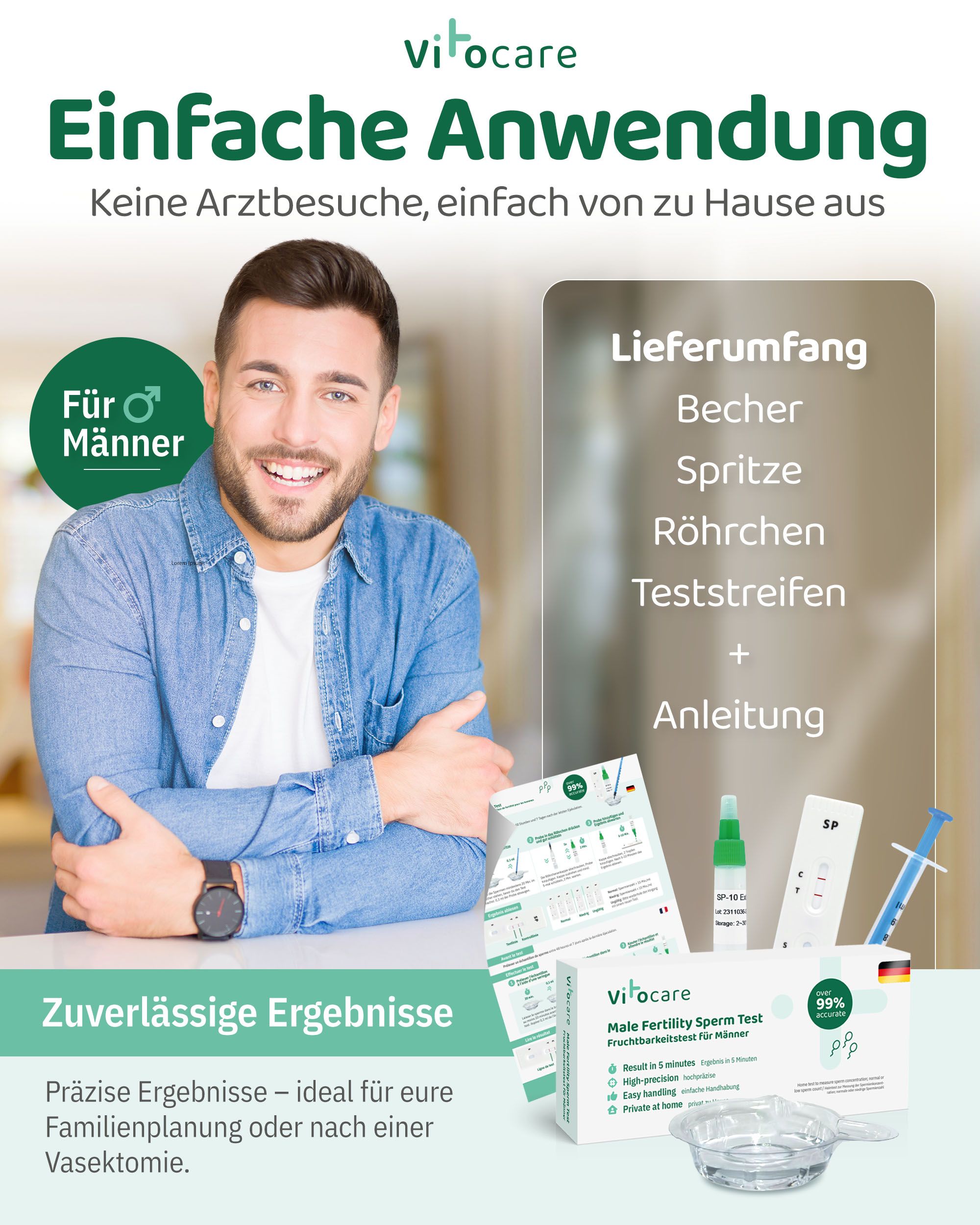 VITOCARE Fruchtbarkeitstest Sperma Test für Männer zu Hause