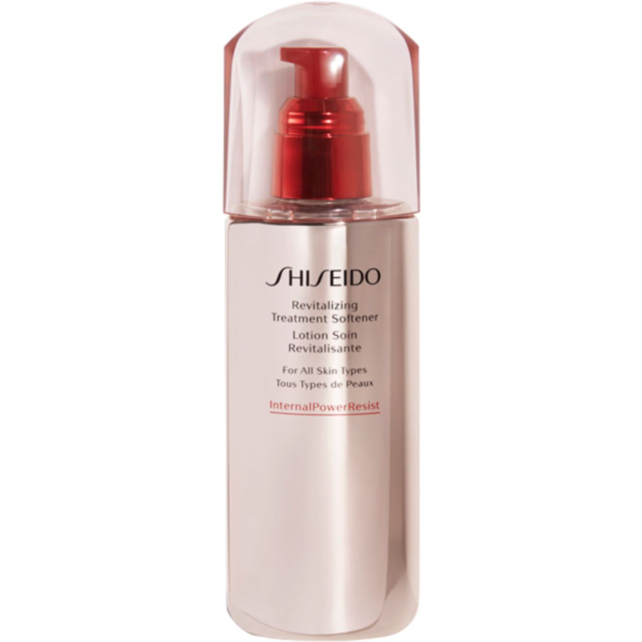 Shiseido D-Preparation Revitalizing Treatment Softener. Flasche mit rotem Pumpkopf und durchsichtiger Kappe. Produktbeschriftung sichtbar.