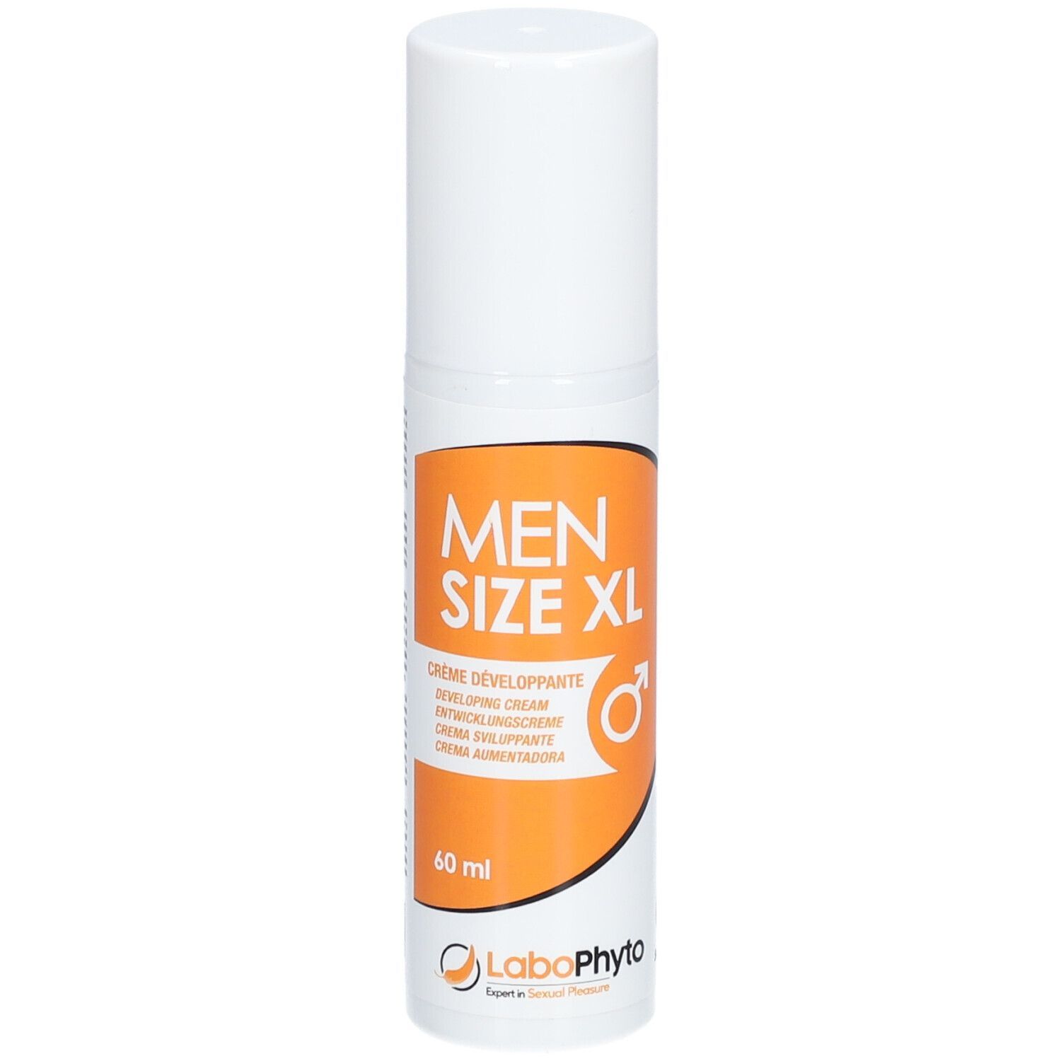 Weiße Flasche mit "MEN SIZE XL Crème développante"-Aufdruck. Enthält 60 ml. Logo LaboPhyto.