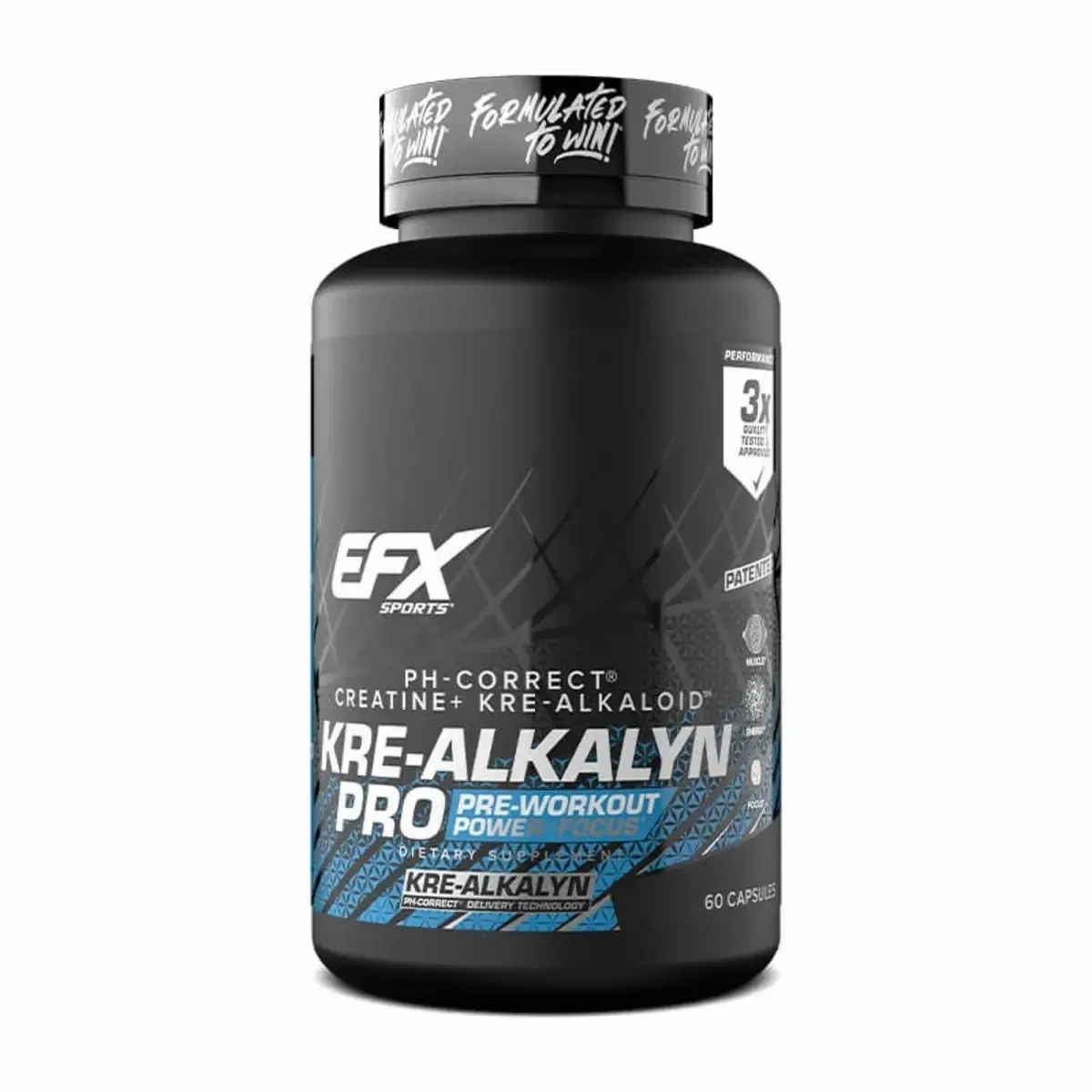 Schwarze Flasche mit Kapseln. Aufschrift: EFX Sports, Kre-Alkalyn PRO, Pre-Workout. 60 Kapseln. Mit Zertifizierung.