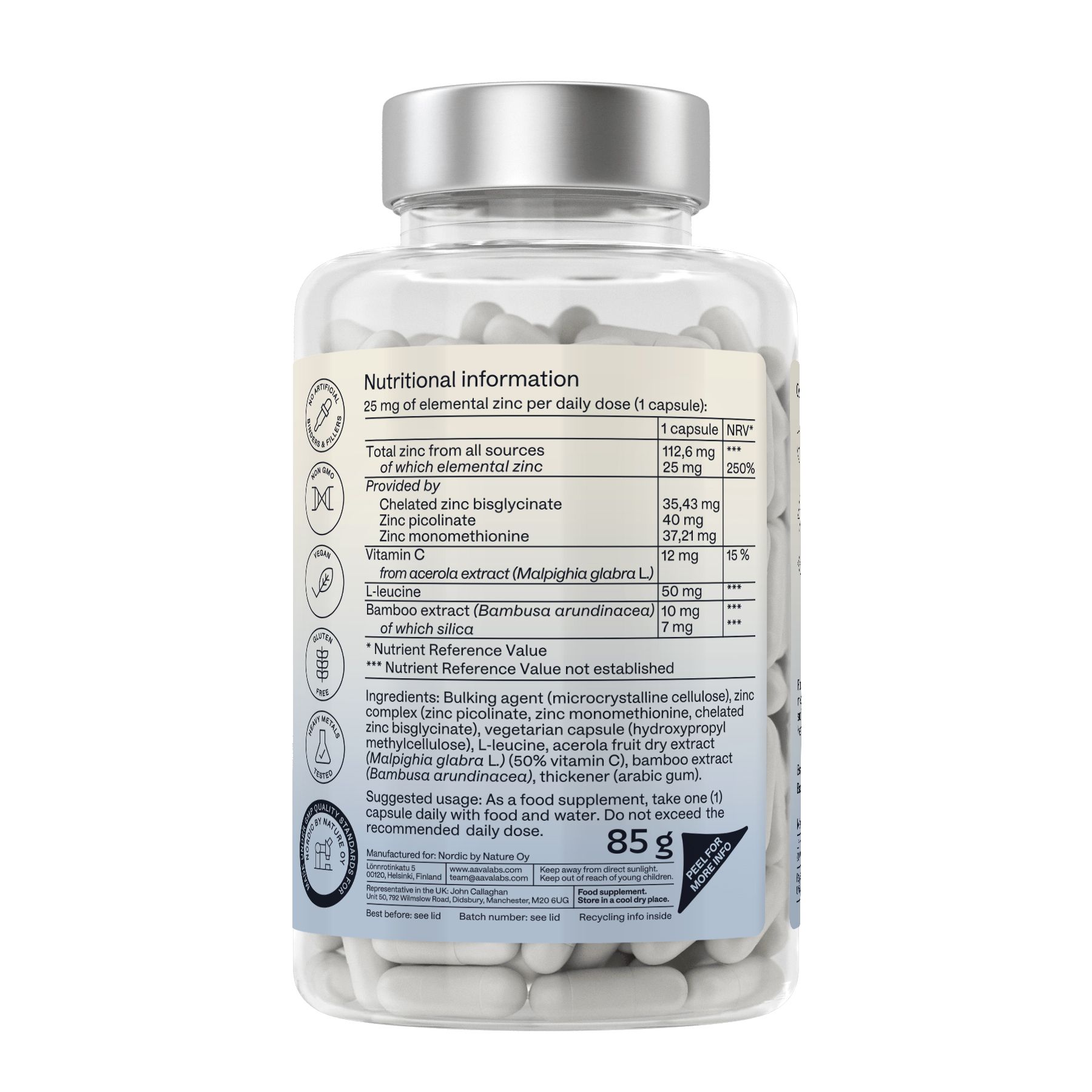 Rückseite der Flasche mit Nährwertangaben. 85g. Inhaltsstoffe: Zink, Vitamin C, L-Leucin, Bambus-Extrakt.