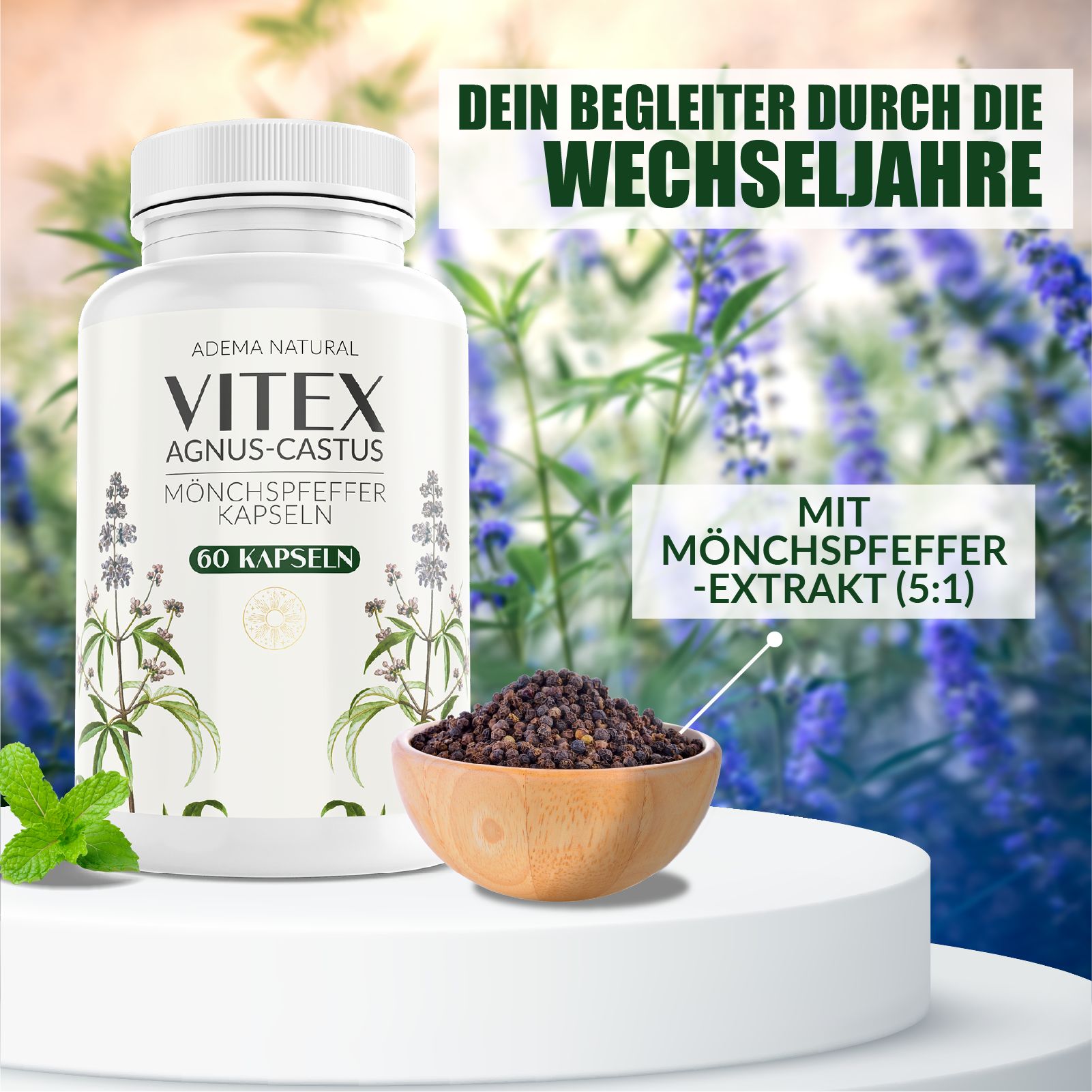Produktflasche mit Kapseln, daneben eine Schale mit Pfefferkörnern. Text: Dein Begleiter durch die Wechseljahre, mit Mönchspfeffer-Extrakt (5:1).
