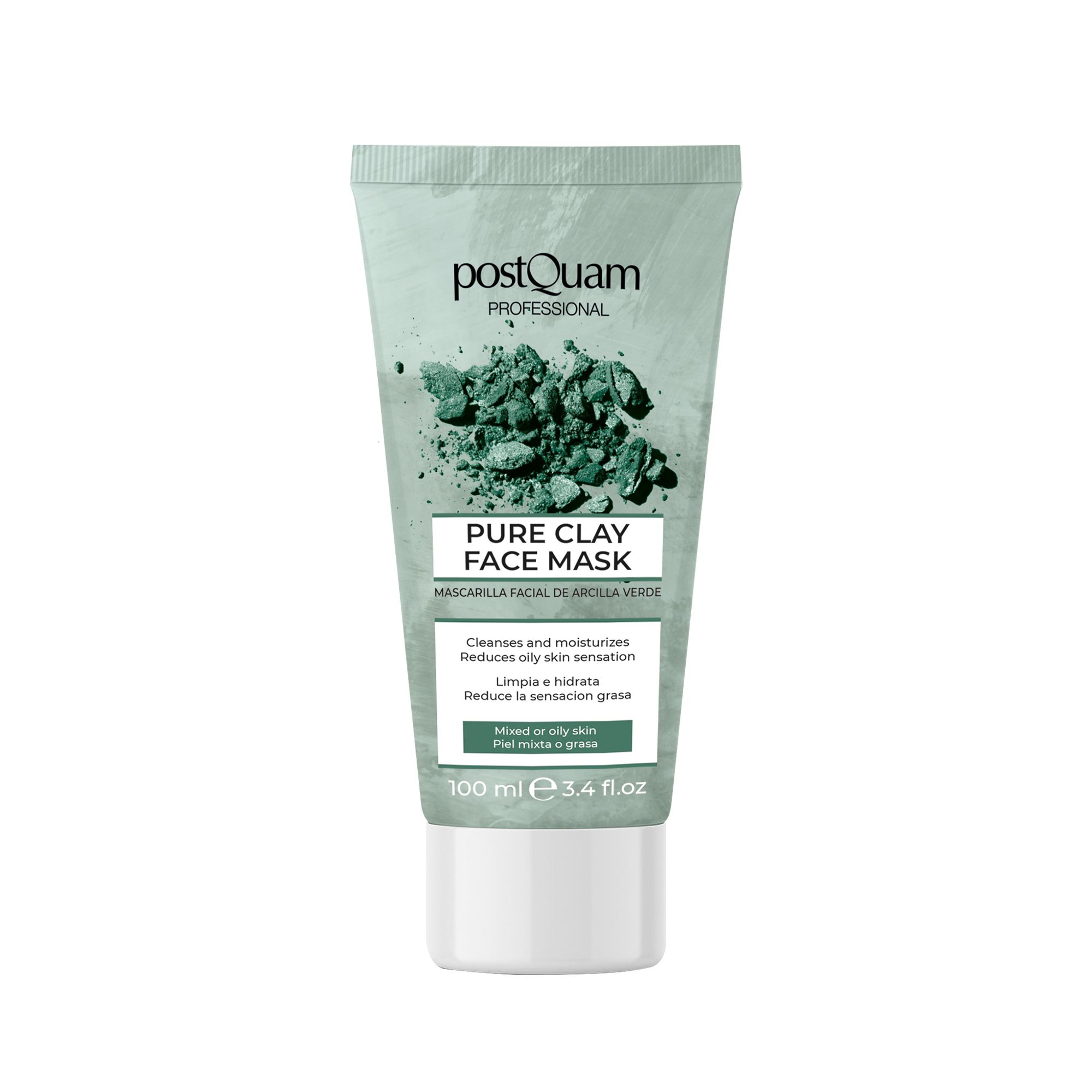 Grüne Tonerdemaske in Tube. Text: Pure Clay Face Mask, reinigt und befeuchtet, reduziert fettige Haut. 100 ml.