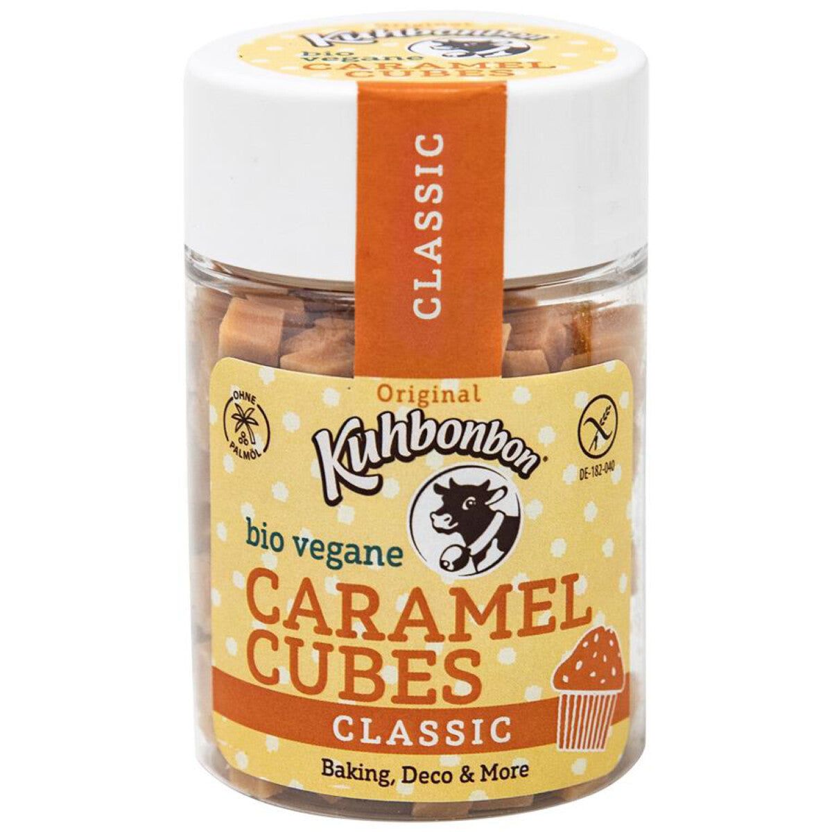 Glas mit Karamellwürfeln. Aufschrift: Kuhbonbon Caramel Cubes Classic glutenfrei.