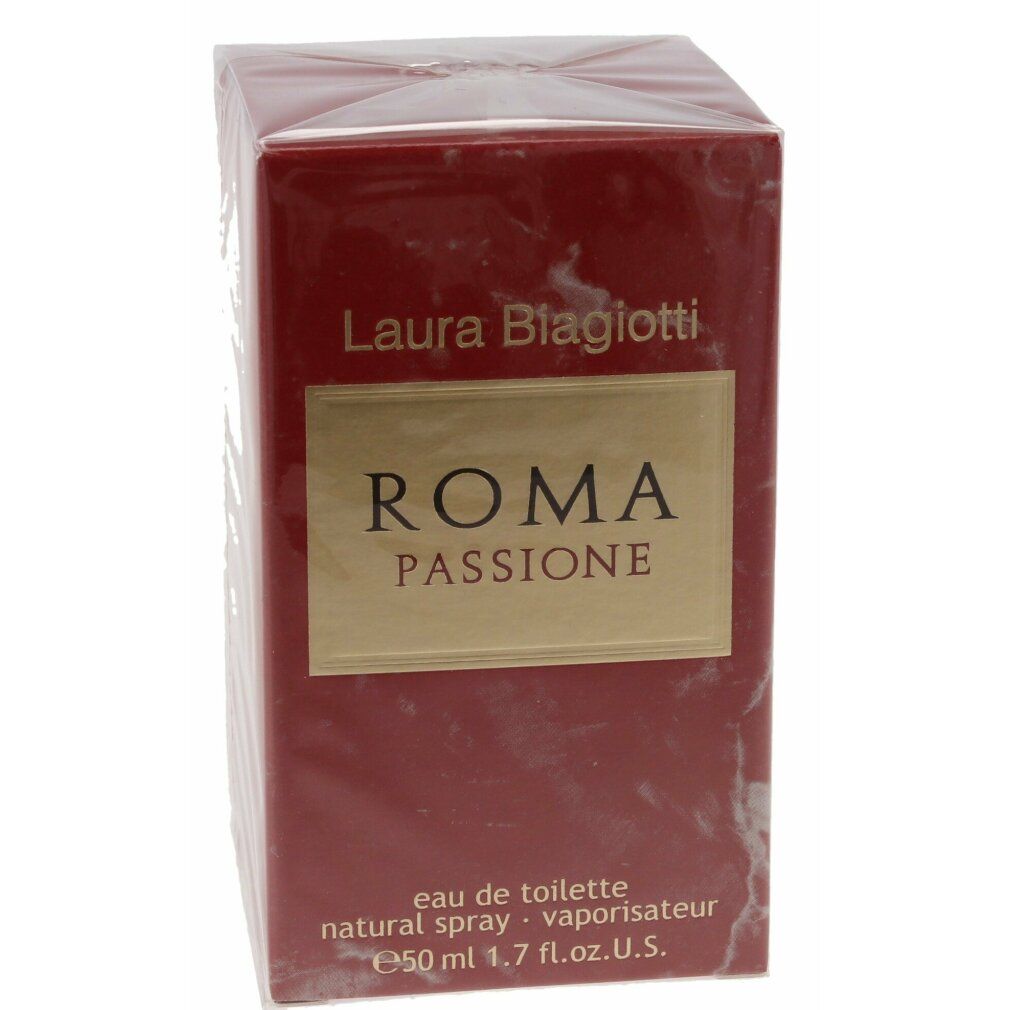 Verpackung in Rot. Aufschrift: Laura Biagiotti, Roma Passione. Eau de Toilette. Verpackung in Folie eingeschweißt. Goldfarbener Schriftzug.