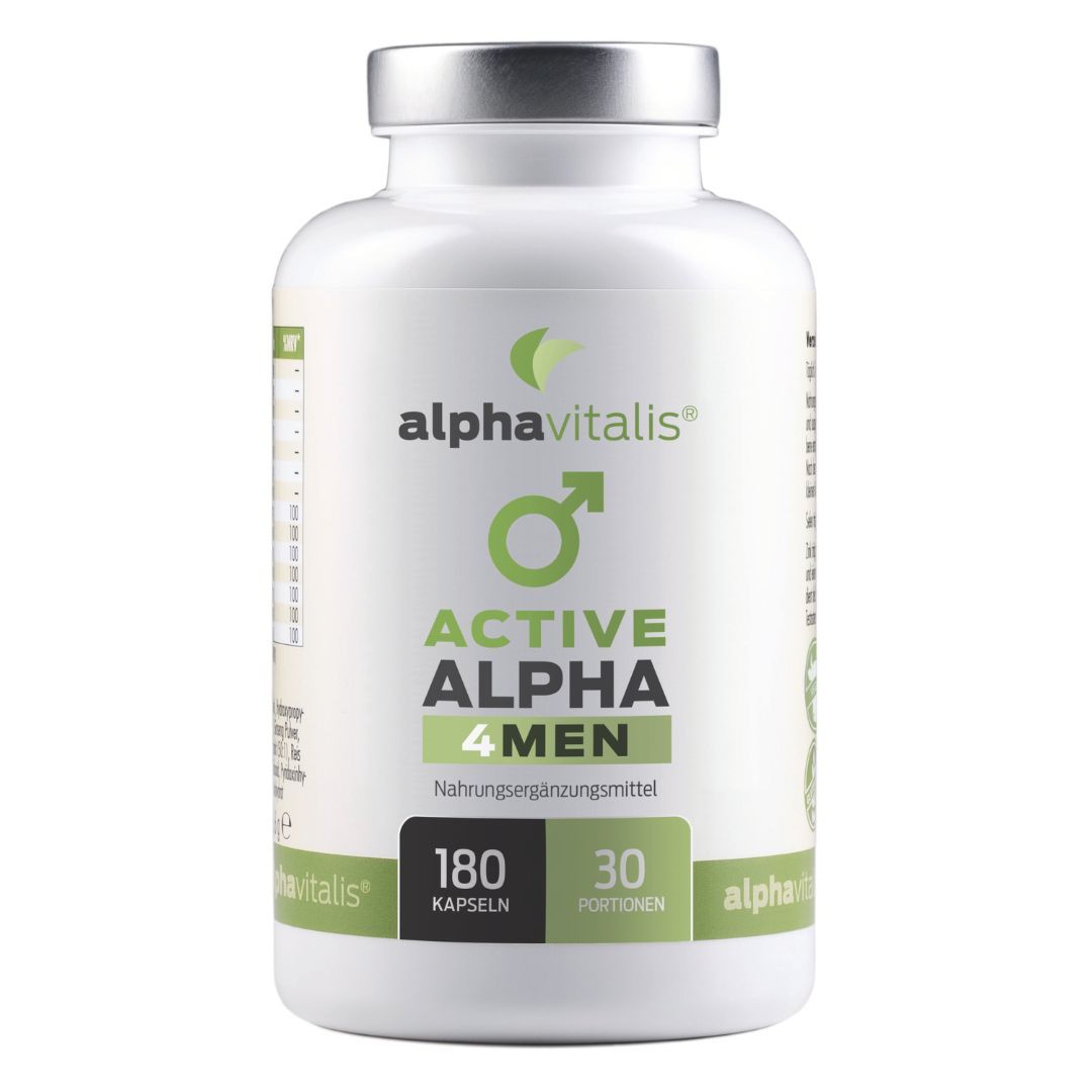Alphavitalis Active ALPHA 4 Men: Weißer Behälter mit silbernem Deckel, 180 Kapseln, 30 Portionen. Mit männlichem Männchen-Symbol.
