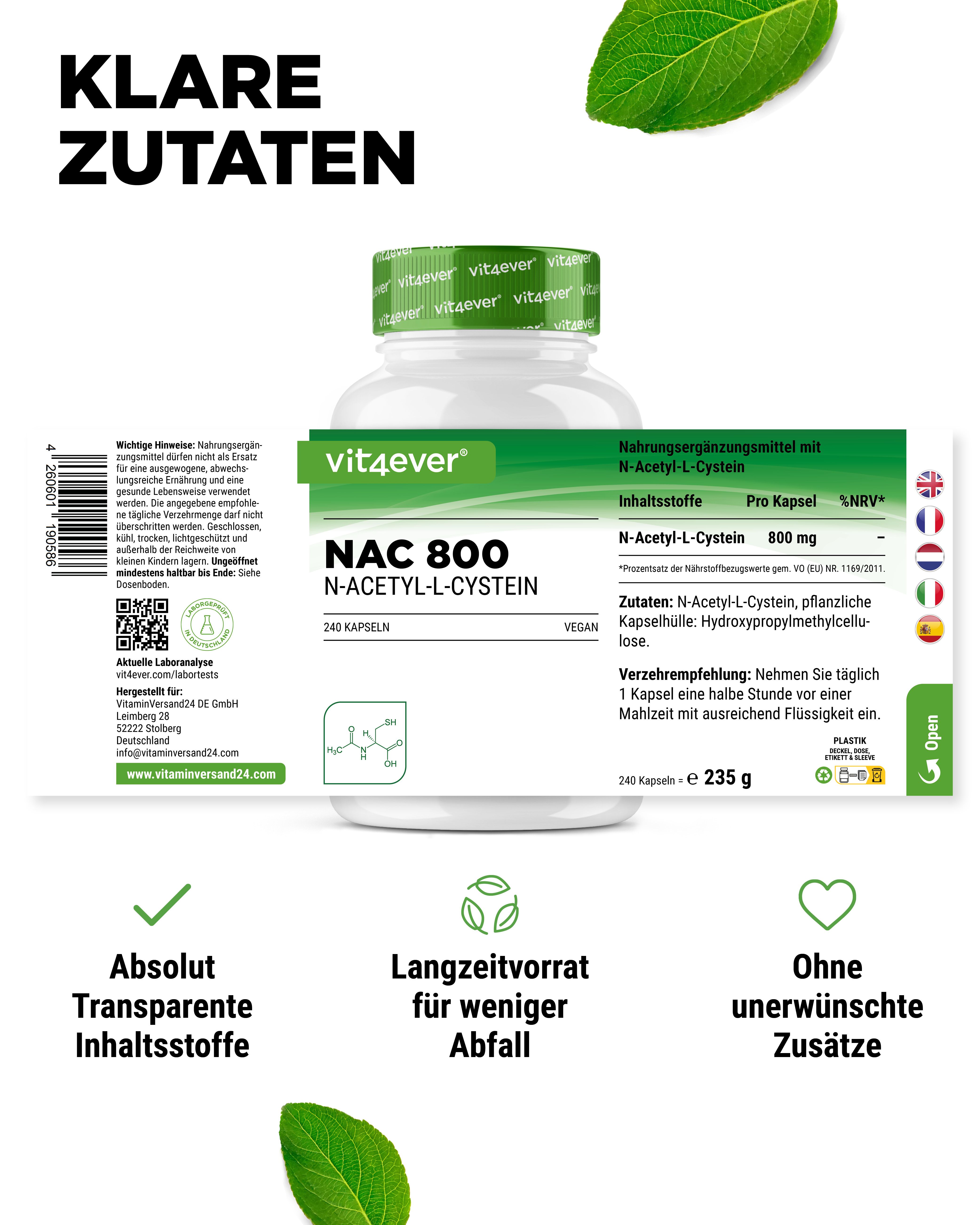 Flasche NAC 800. Text: Klare Zutaten. Nahrungsergänzungsmittel mit N-Acetyl-L-Cystein. 240 Kapseln. Symbole.