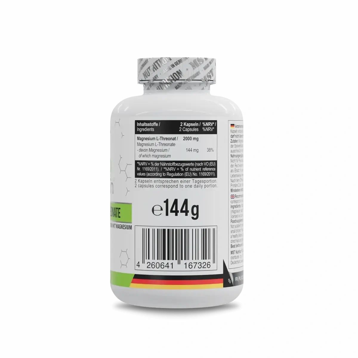 Weiße Flasche mit Etikett. Enthält Magnesium L-Threonat. Barcode und Gewicht von 144g sichtbar. Deutscher Flaggen-Aufdruck.