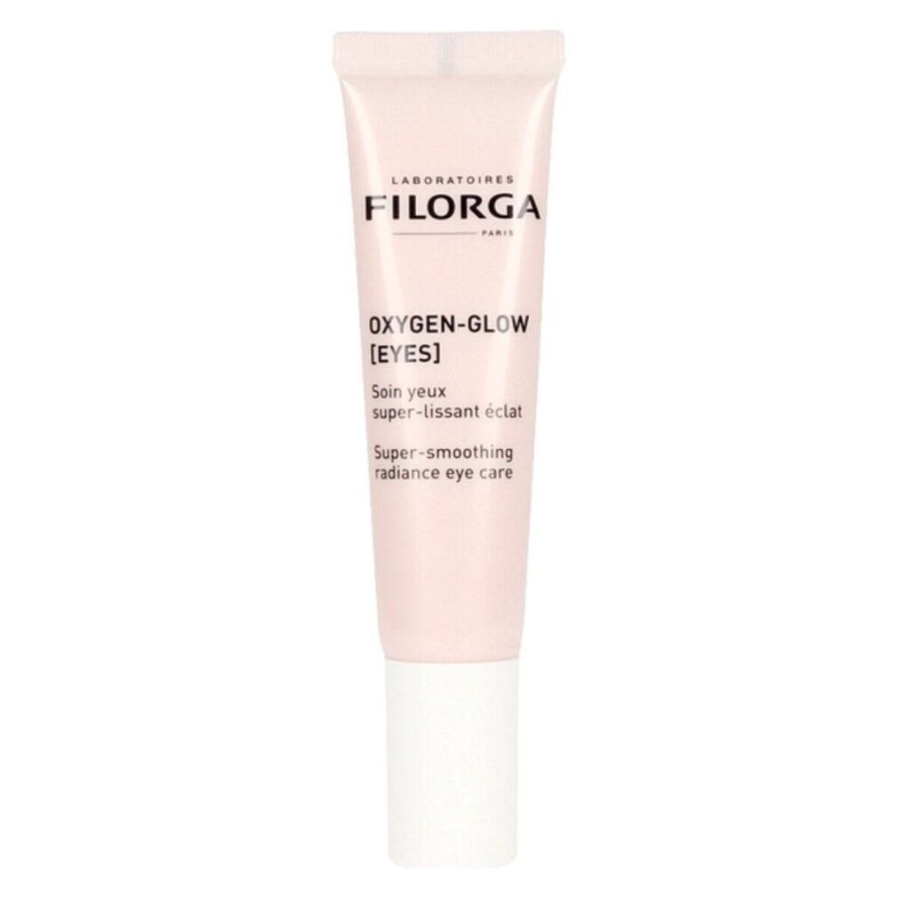 Rosa Tube mit weißem Verschluss. Beschriftung: Filorga, Oxygen-Glow [Eyes]. Super-glättende Augenpflege.