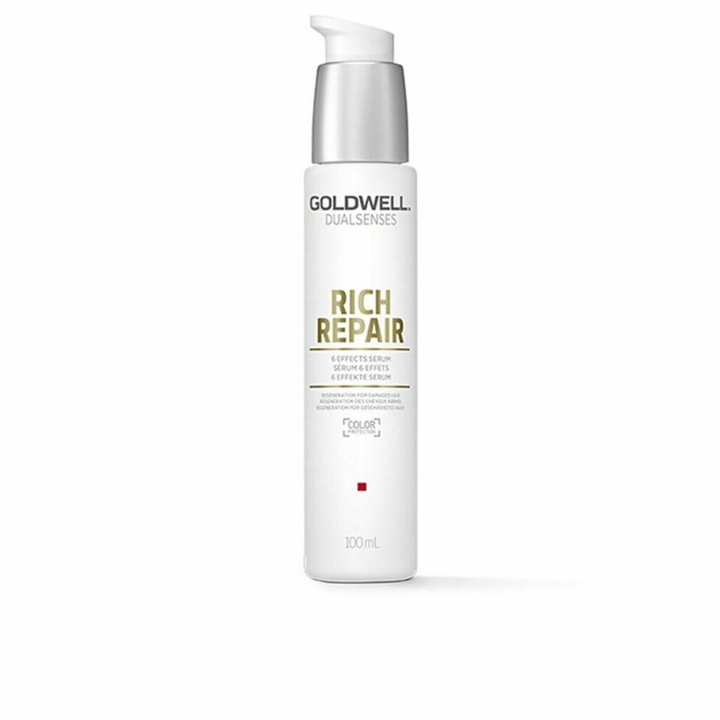 Goldwell Dualsenses Rich Repair Serum-Flasche. Weißes Fläschchen mit silbernem Pumpkopf. Produktname und Logo deutlich sichtbar.