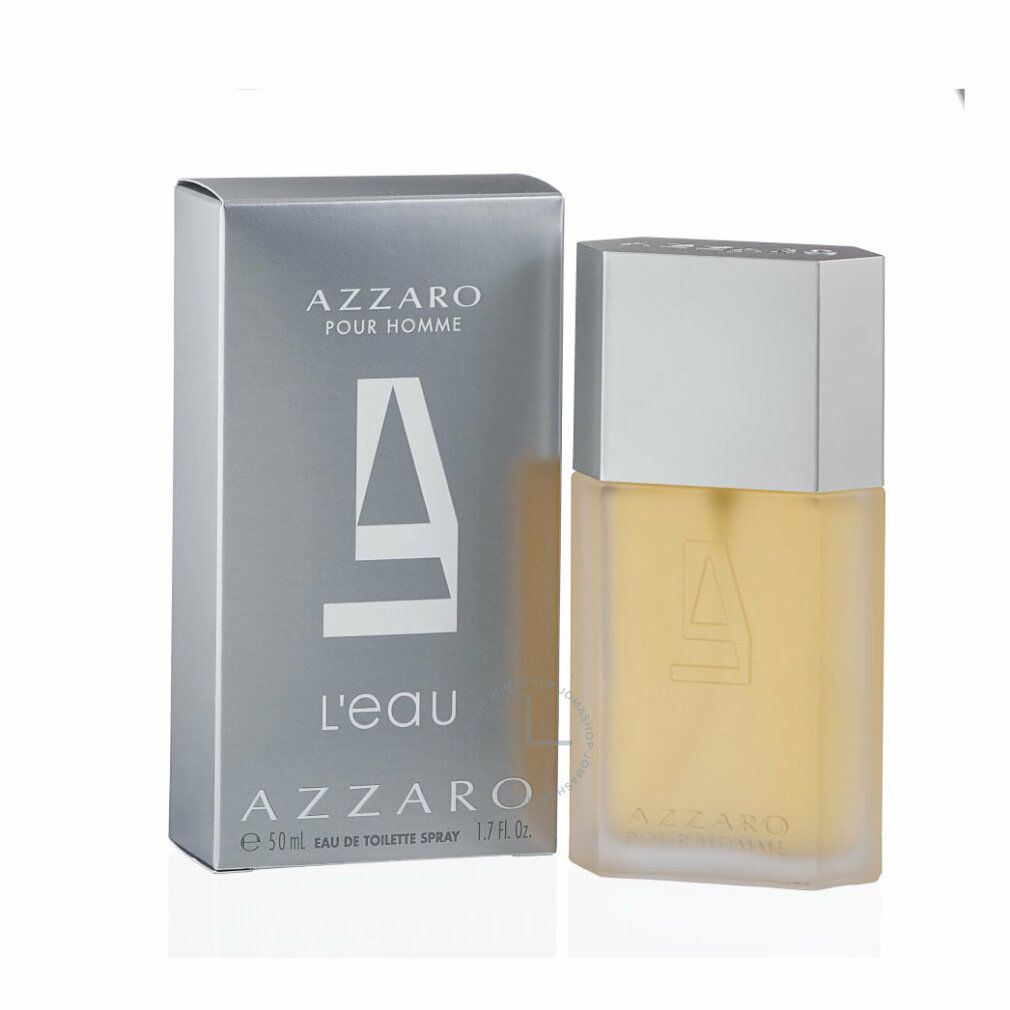 Azzaro Pour Homme L'Eau Flakon und Schachtel. Flakon rechts, Schachtel links. Graue Schachtel, rechteckiger Flakon.