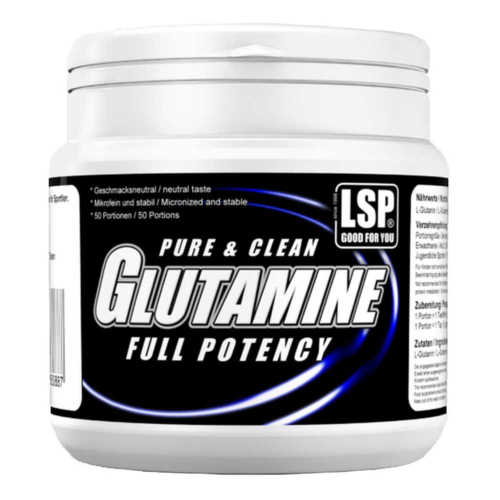 Weißes, zylindrisches Supplement-Behälter mit schwarzem Etikett. Aufschrift: GLUTAMINE, FULL POTENCY, LSP. Text: Pure & Clean, 50 Portionen.