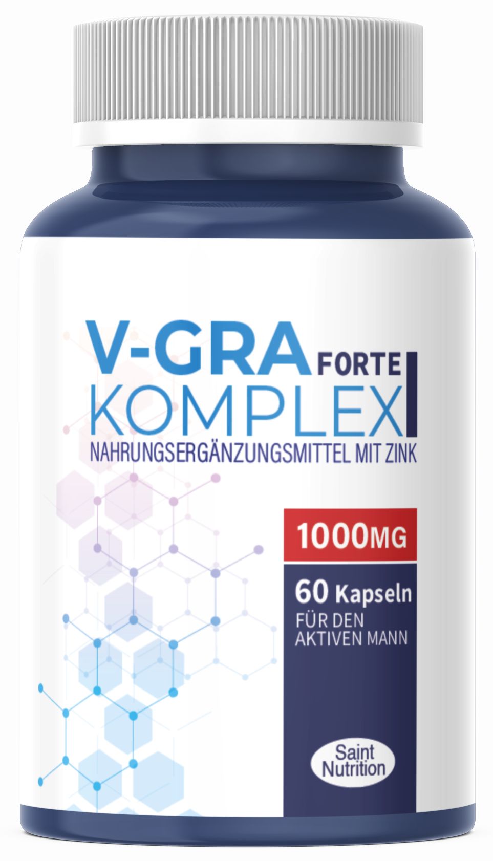 Blaue Flasche mit weißen Kapseln. Aufschrift: V-GRA Forte Komplex, 1000mg, 60 Kapseln, für den aktiven Mann. Marke: Saint Nutrition.
