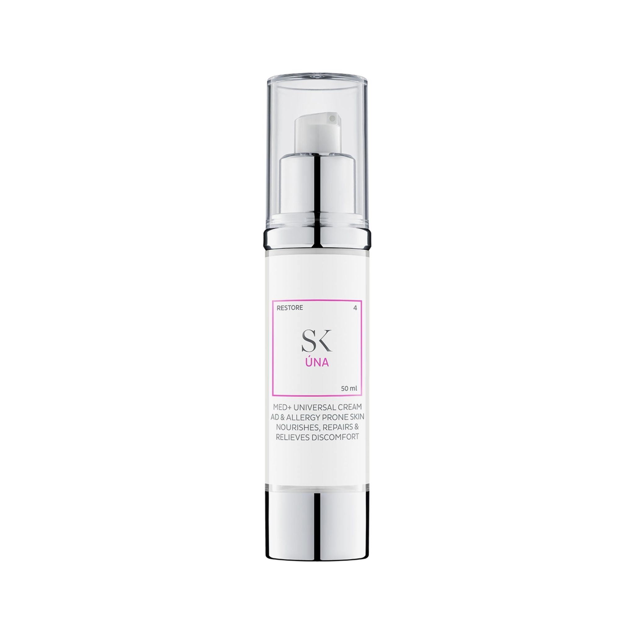 Creme-Spender mit silberner Pumpe und weißem Etikett. Text: SK Úna, MED+ UNIVERSAL CREAM, für allergische Haut. 50 ml.