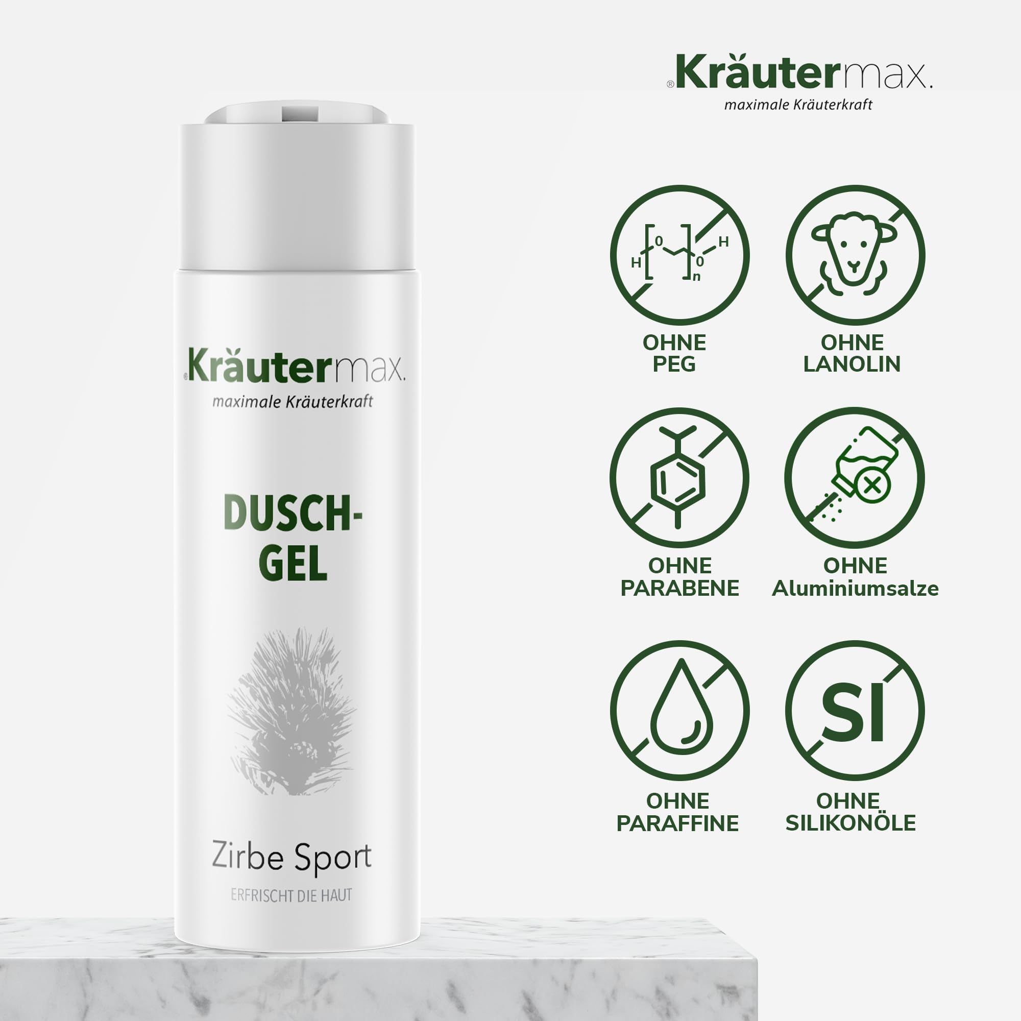 Weißes Duschgel mit grünen Symbolen. Aufschrift: Kräutermax, Duschgel, Zirbe Sport. Ohne PEG, Lanolin, Parabene, etc.