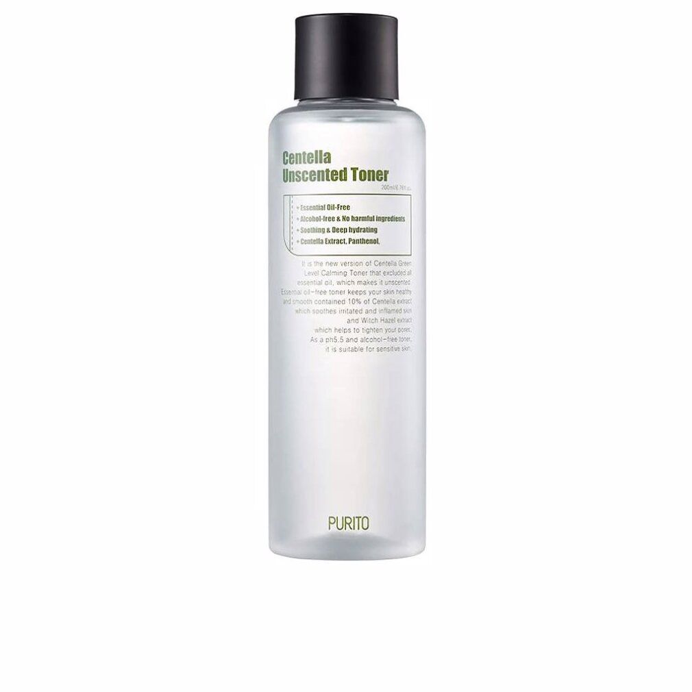 Tonerflasche mit schwarzem Deckel. Aufschrift: Centella Unscented Toner. Transparente Flasche, weißer Hintergrund.