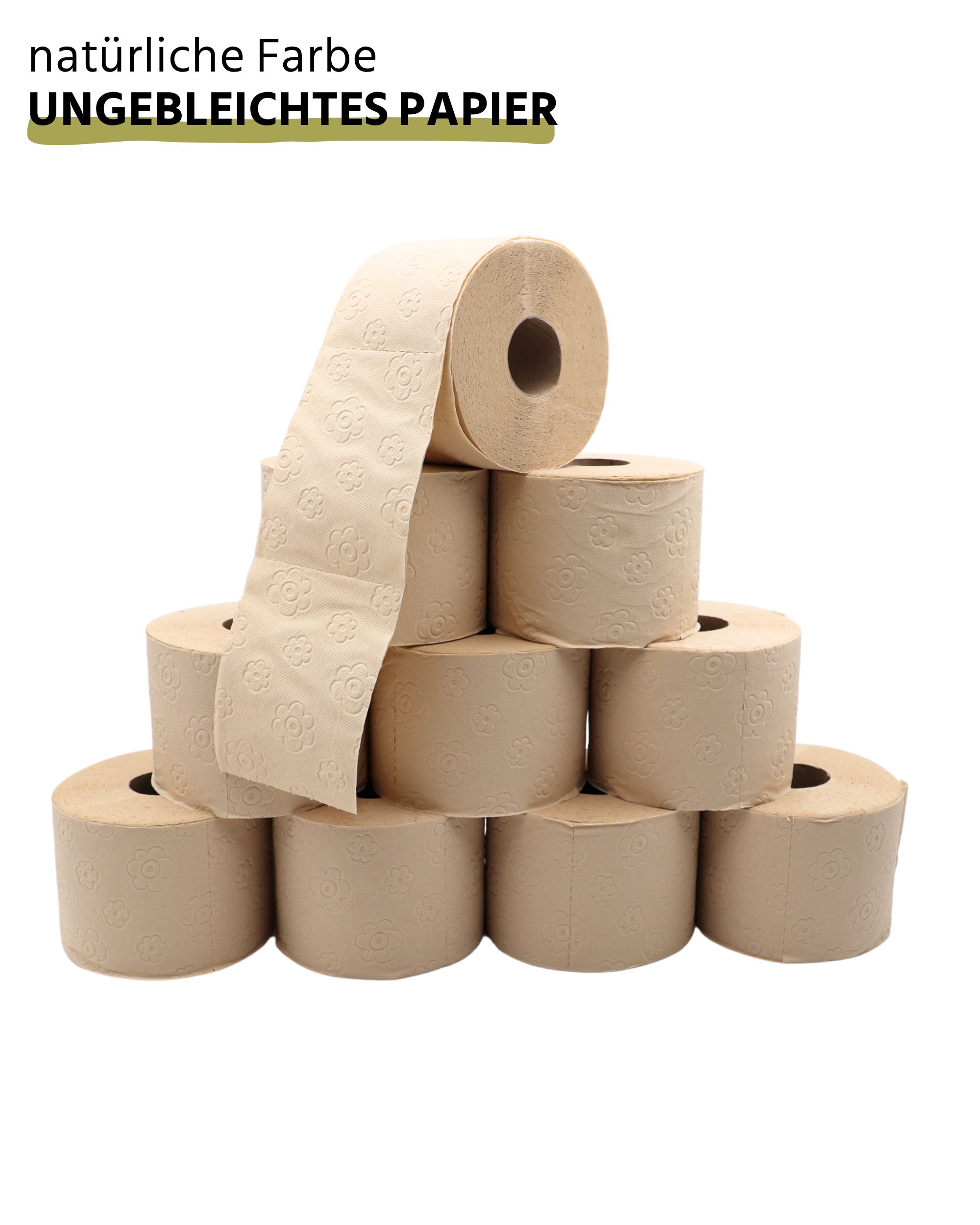 Stapel von Toilettenpapierrollen. Natürliche Farbe, ungebleichtes Papier. Sichtbare Rollen mit floralem Muster.