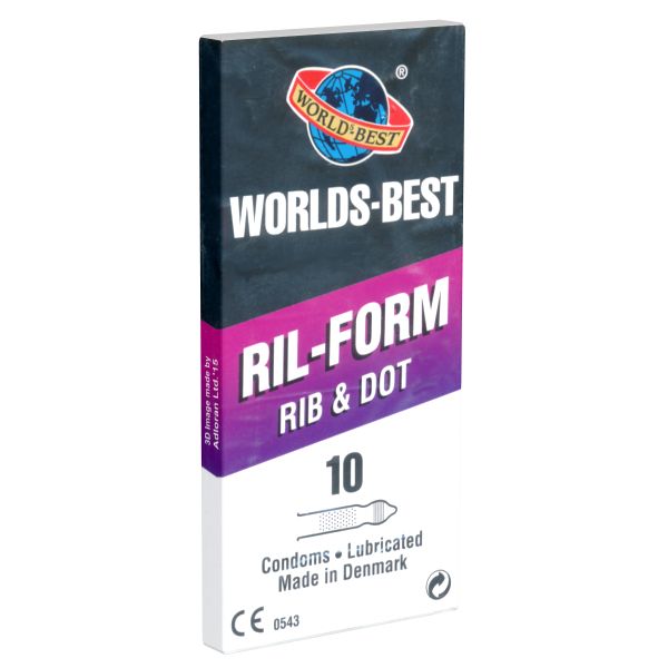 Verpackung mit Kondomen. Schwarzer Hintergrund mit Logo und Schriftzug WORLDS-BEST. Produktname RIL-FORM RIB & DOT. 10 Stück. CE-Kennzeichnung.