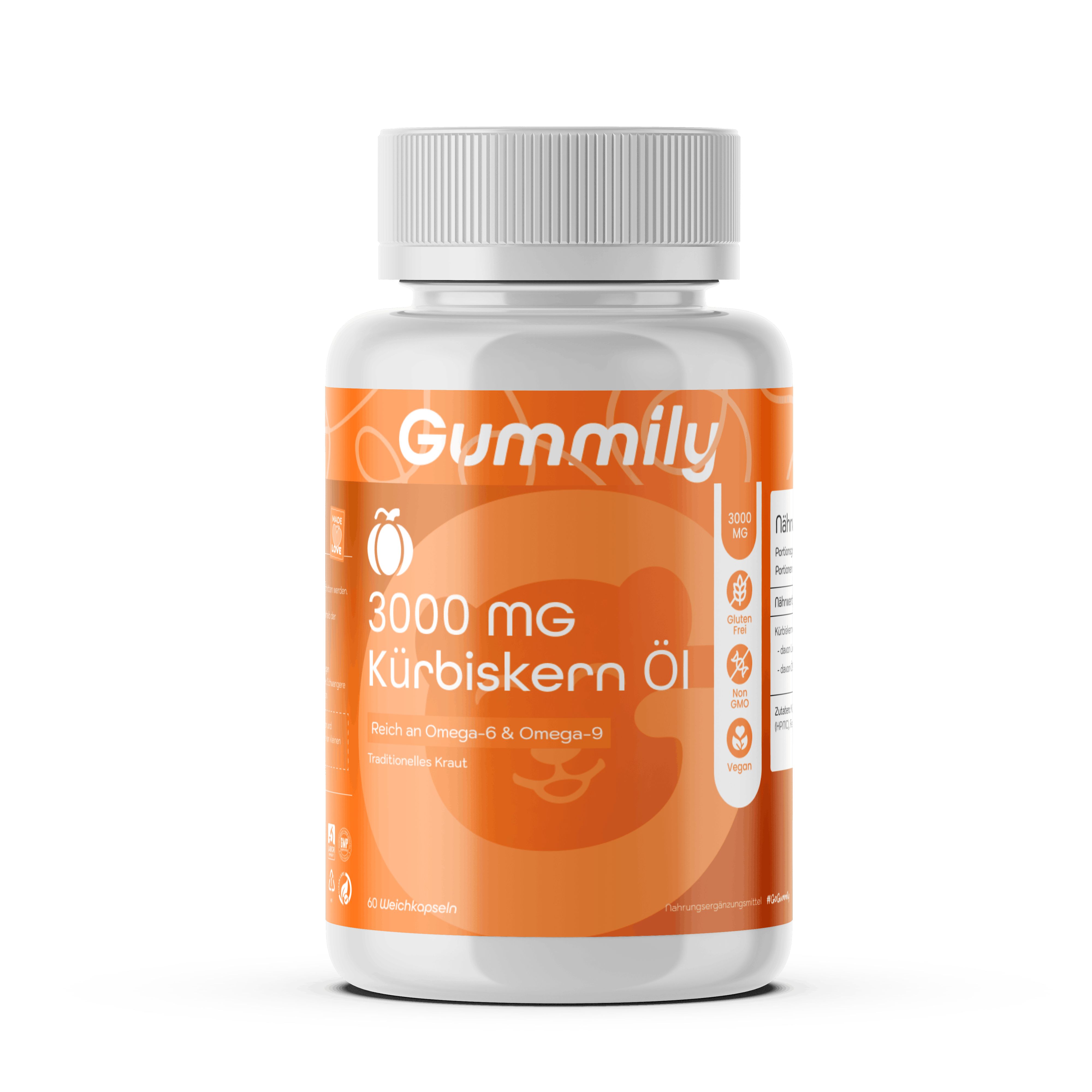Gummily® Premium Kürbiskernöl Kapseln 3000 mg mit 45% Linolsäure & 15% Ölsäure (Pumpkinseed Oil) 60 St Weichkapseln