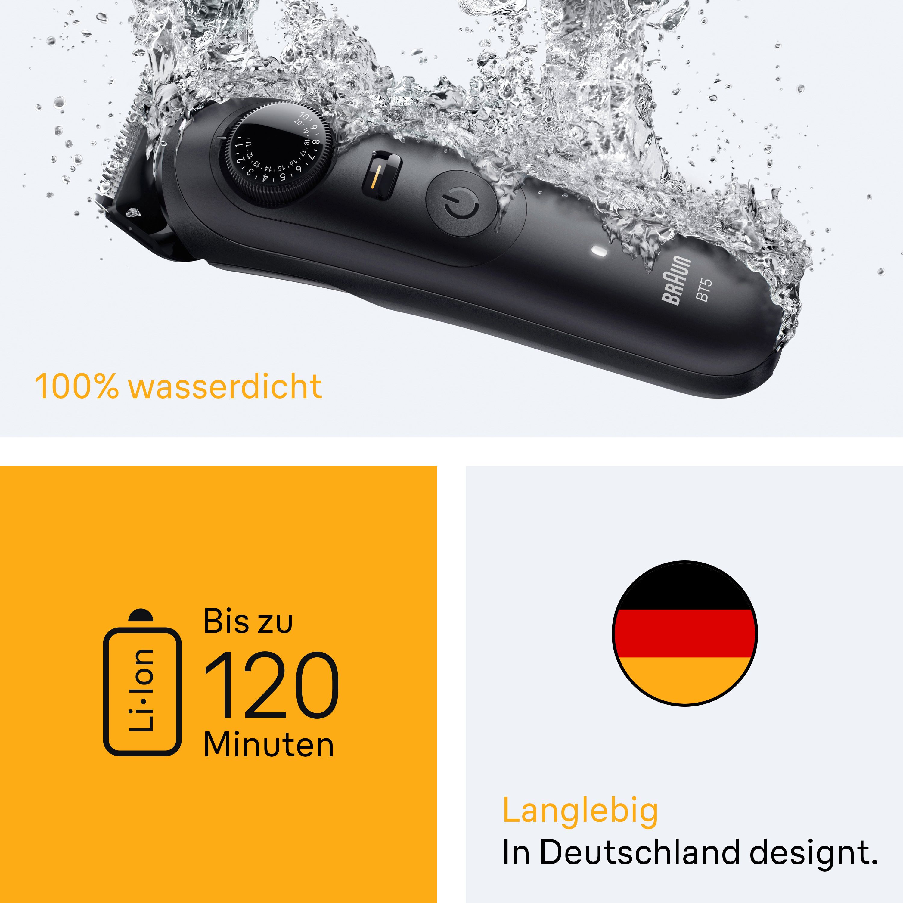 Braun Bartschneider Series 5 ist 100% wasserdicht, Li-Ion Akku, 120 Min. Laufzeit, in Deutschland designt.