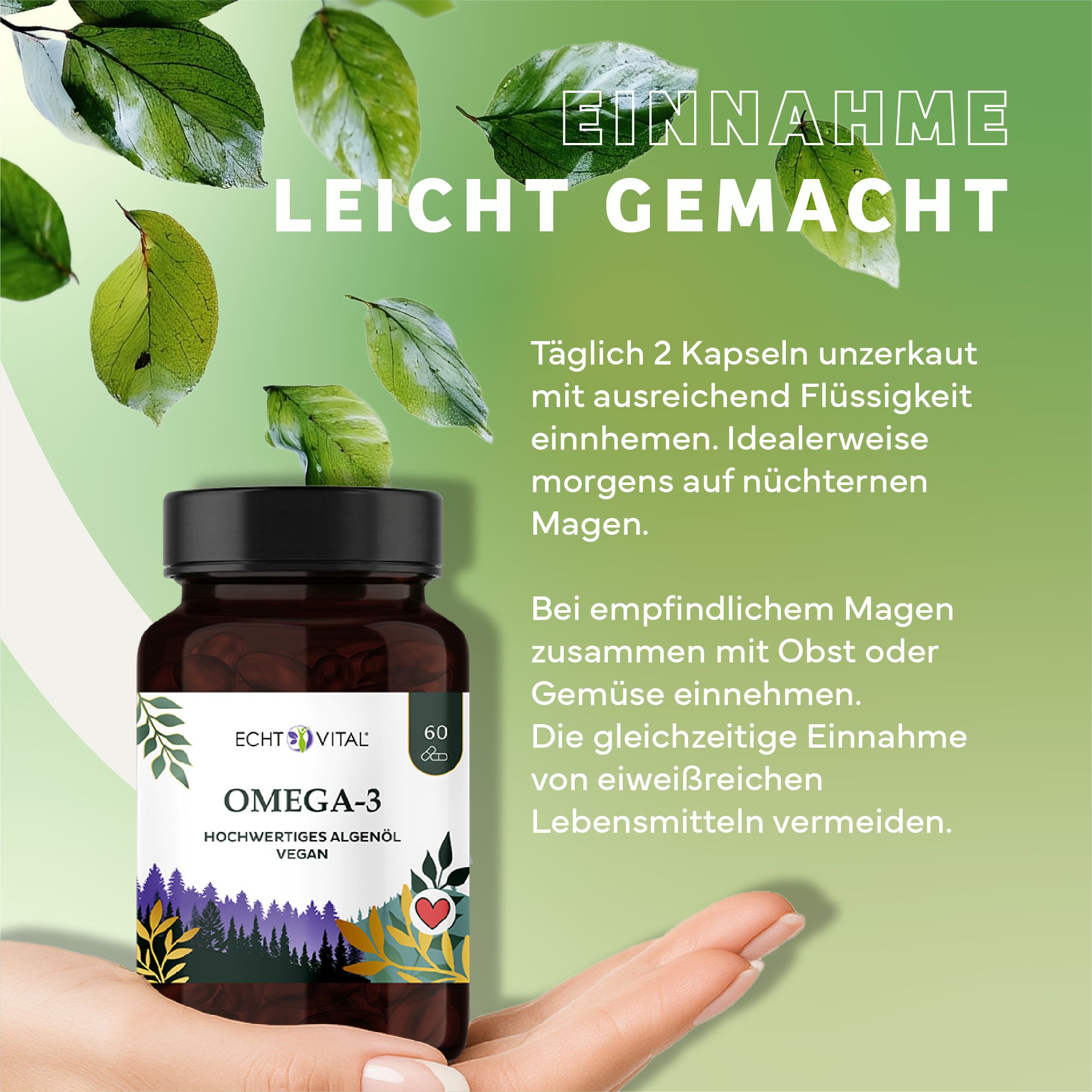 Braune Flasche mit schwarzem Deckel. Aufschrift: Echt Vital Omega-3, 60 Kapseln. Grün-weißes Etikett. Hand hält Flasche.
