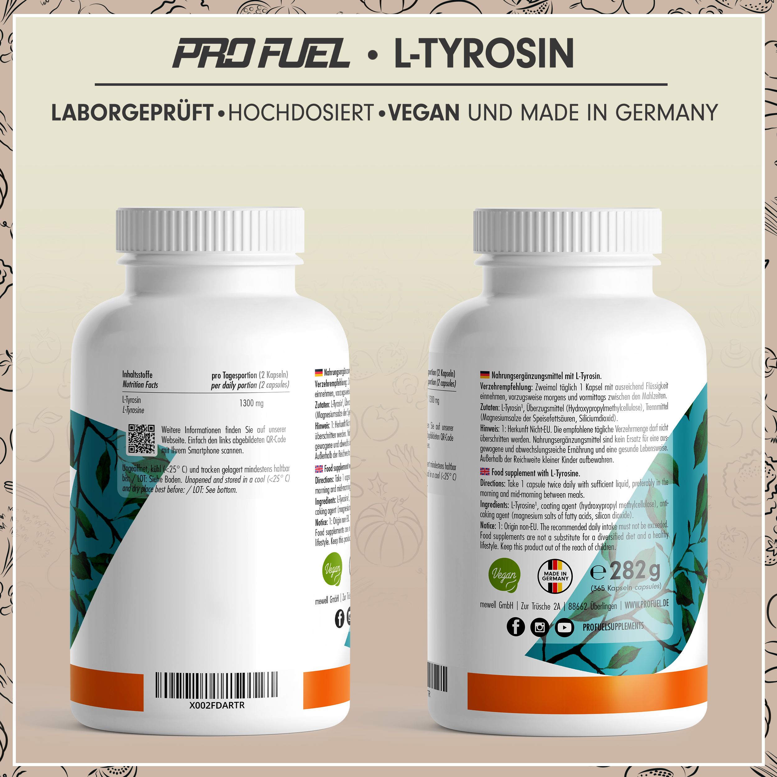 ProFuel L-Tyrosin Kapseln: Vorder- und Rückseite der Verpackung, 365 Kapseln, vegan, Made in Germany.