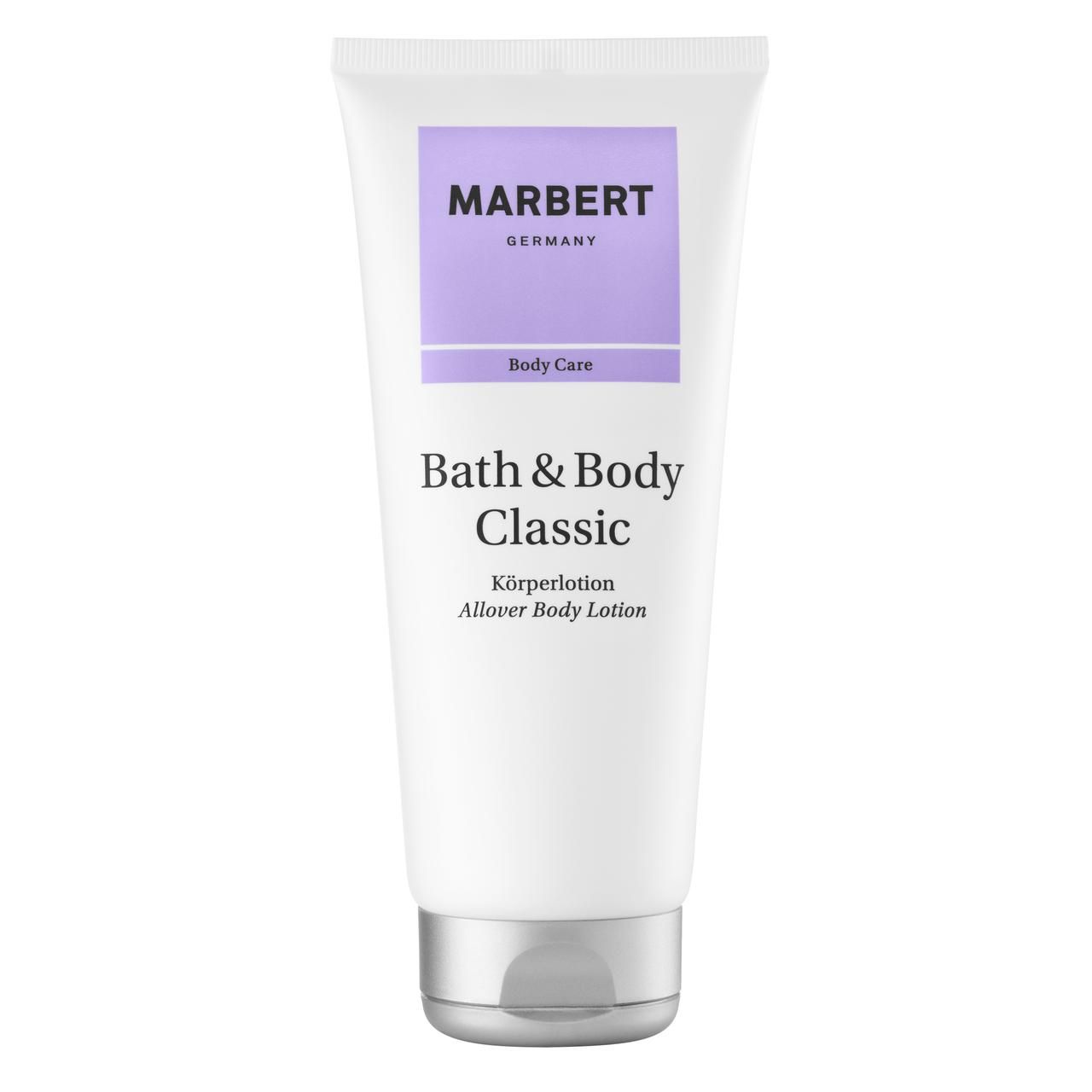 Weisse Tube mit lila Rechteck und Schriftzug MARBERT. Darunter: Bath & Body Classic Körperlotion.
