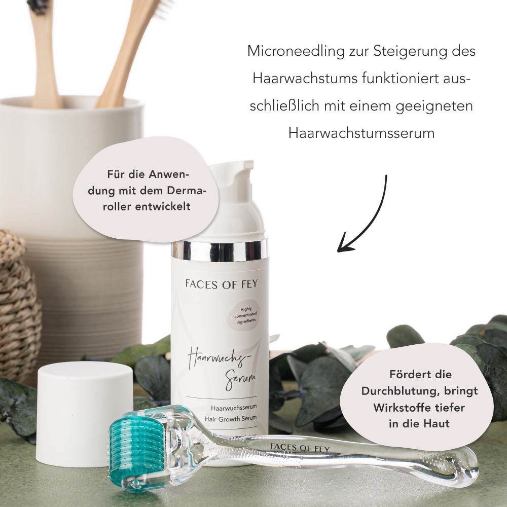 FACES OF FEY Haarwuchsserum und Dermaroller. Serumflasche, Dermaroller mit grünen Nadeln. Text: Fördert die Durchblutung, bringt Wirkstoffe tiefer in die Haut.