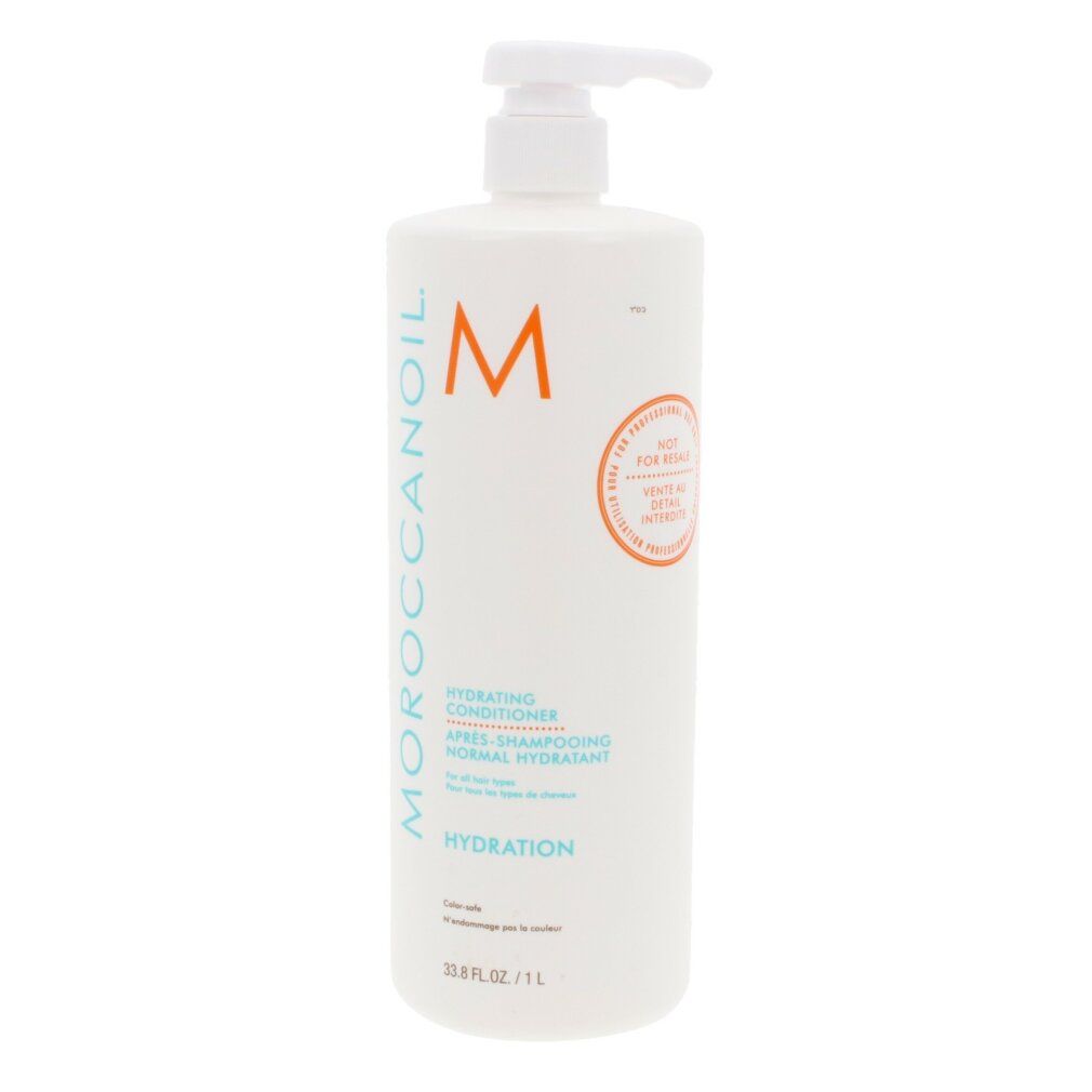 Weiße Flasche mit Pumpe. Aufschrift: Moroccanoil, Hydration Conditioner. Orangefarbenes Logo. Text in Englisch und Französisch. 1 Liter.