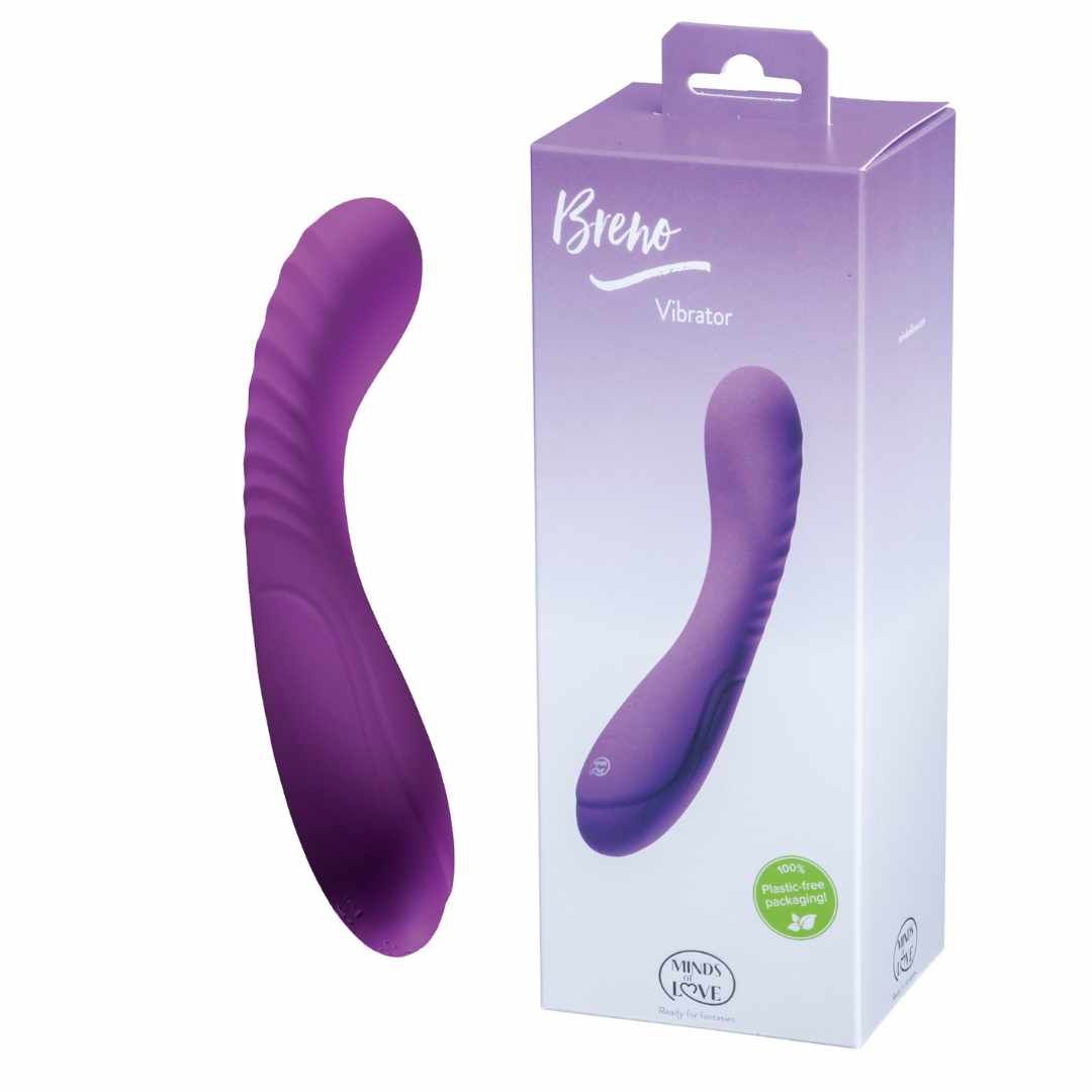 Lila Vibrator neben Verpackung. Verpackung mit Produktabbildung, Schriftzug 'Breno Vibrator' und Logo.