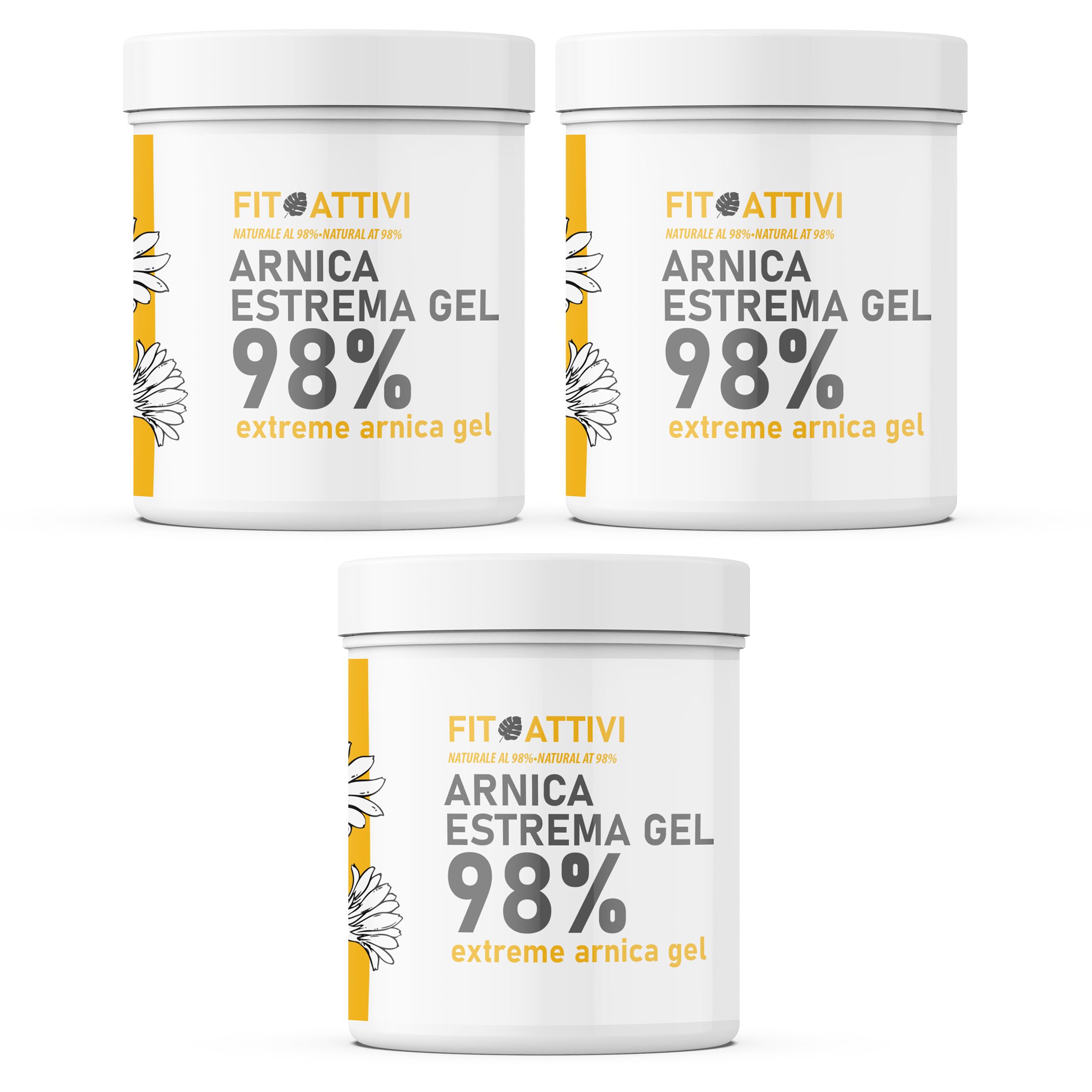 Drei weiße Tiegel mit Etikett. Aufschrift: Fitoattivi Arnika Estrema Gel 98%. Gelb-weiße Dekoration.