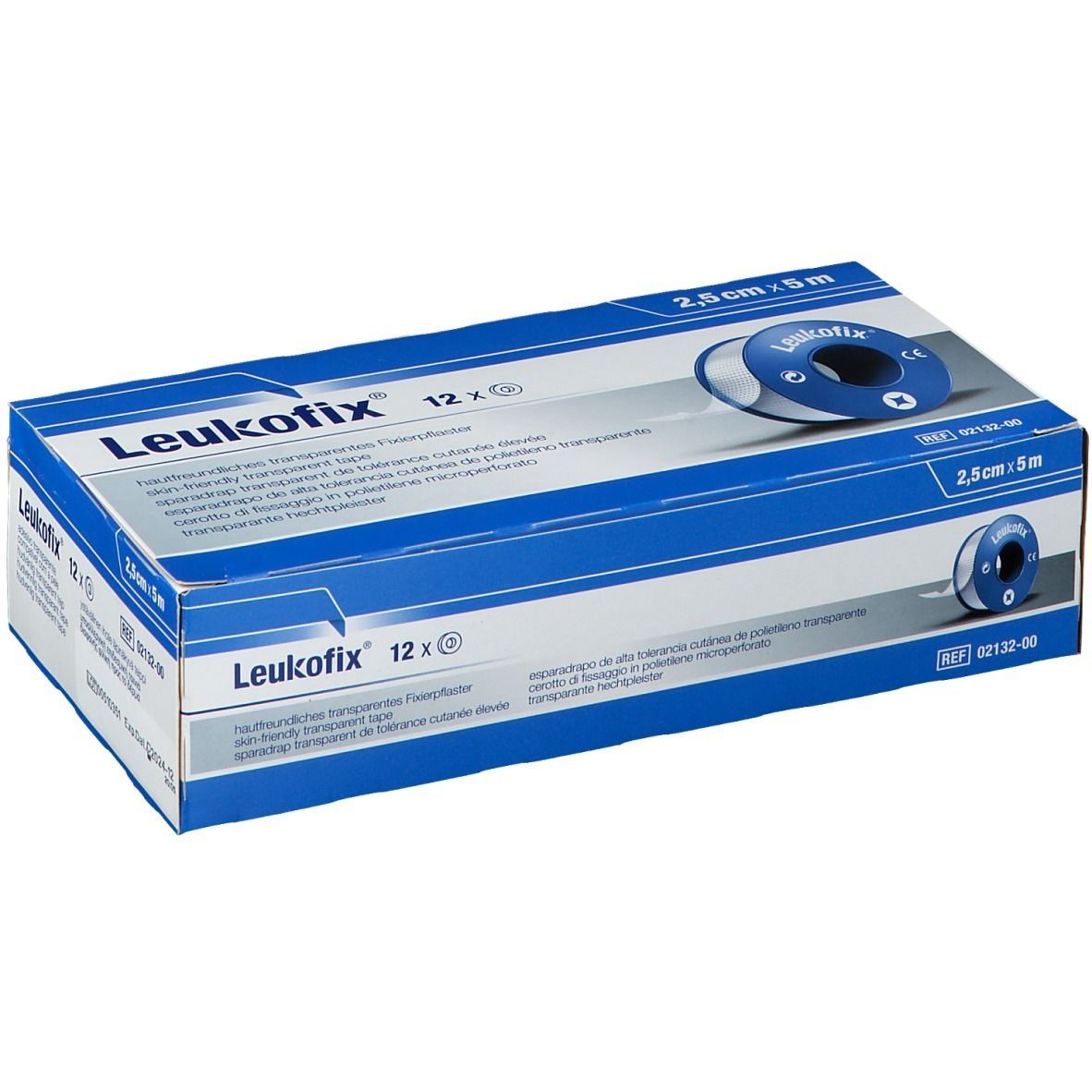 Karton mit transparentem Fixierpflaster Leukofix, 12 Rollen. Aufdrucke: 2,5cm x 5m, Produktname, Logo.