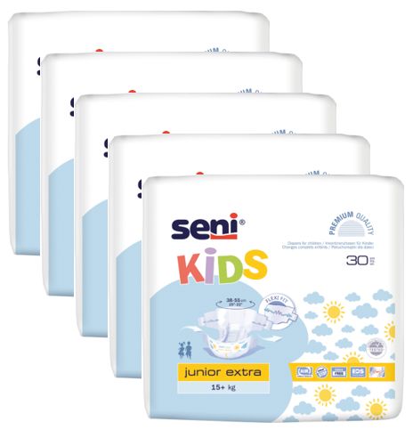 Mehrere Packungen Seni Kids Junior Extra Inkontinenzhosen. Weiße Verpackung mit Produktinformationen und Illustrationen.