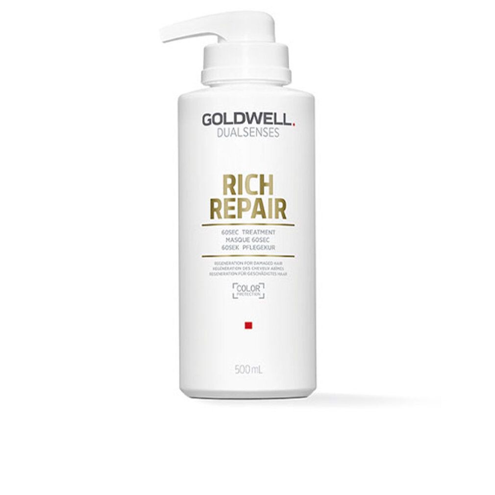 Weiße Flasche mit Pumpe. Aufschrift: Goldwell Dualsenses Rich Repair 60 Sekunden Treatment. 500ml.