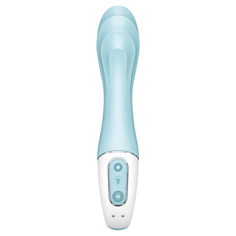 Blau-weißer Vibrator mit Ring. Zwei Knöpfe. Ringförmige Basis.