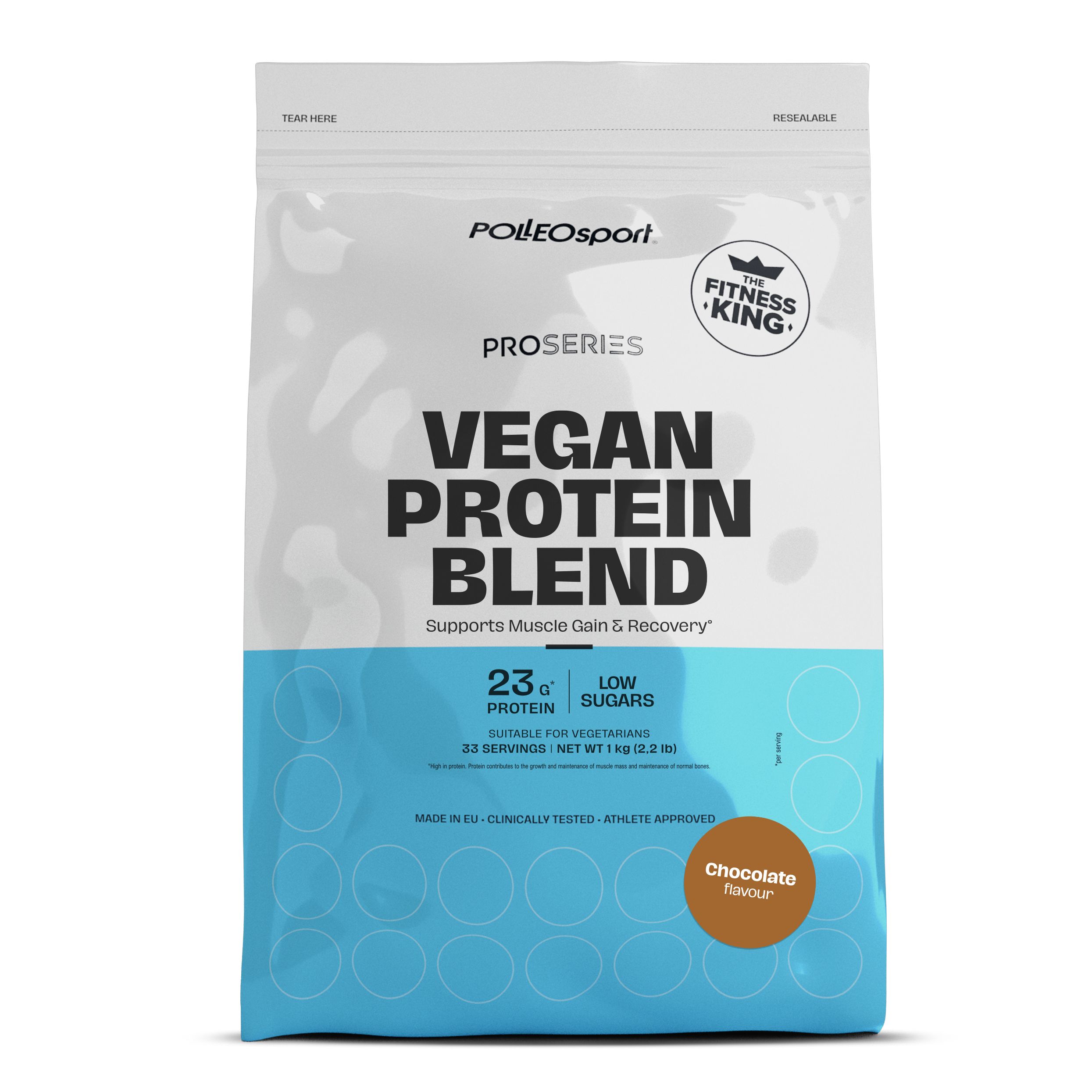 Beutel mit Polleo Sport Vegan Protein Blend. Haupttext: Vegan Protein Blend. Enthält 23g Protein. Geschmack: Schokolade.