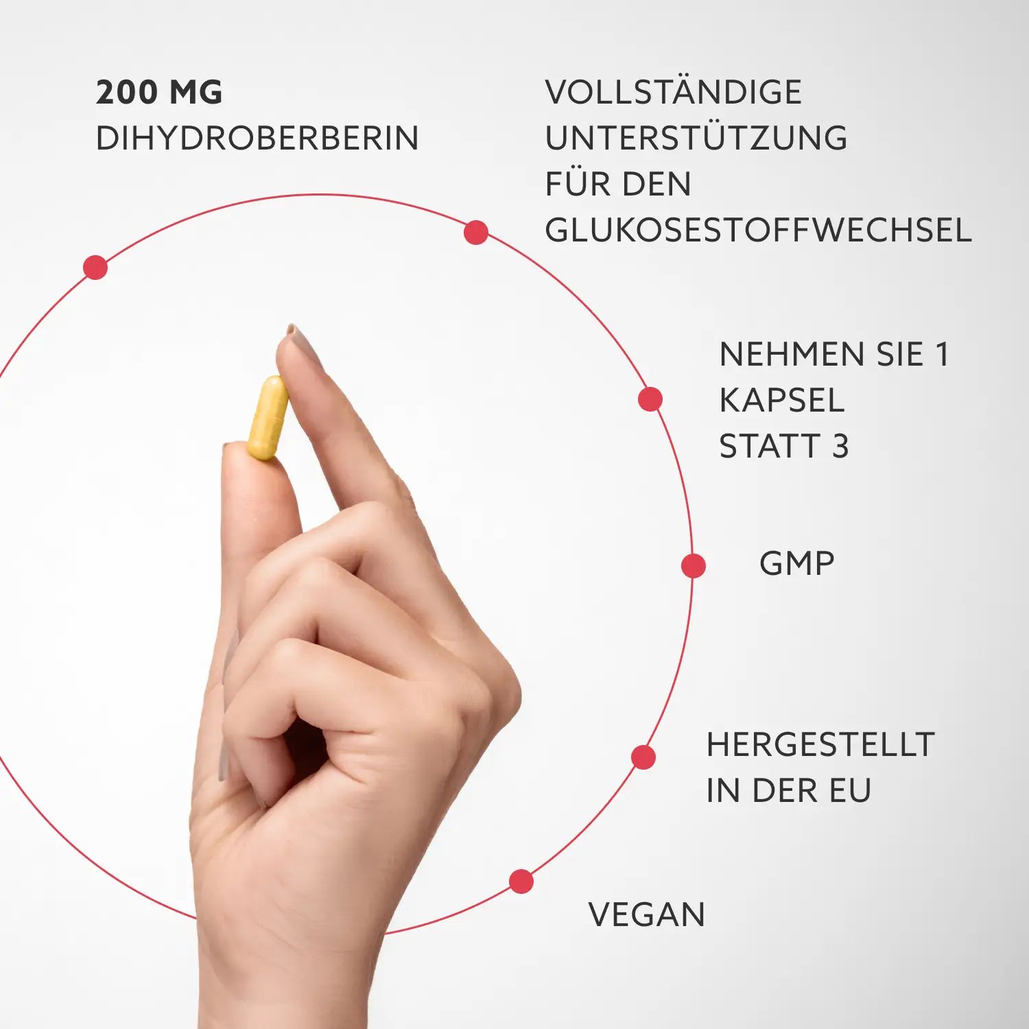 Hand hält eine gelbe Kapsel. Text: 200 MG Dihydroberberin, Vegan, GMP, hergestellt in der EU, vollständige Unterstützung.