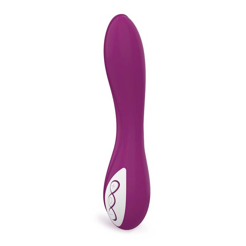 Lila Vibrator mit geschwungener Form. Weiße Akzente. Drei Knöpfe am unteren Ende.
