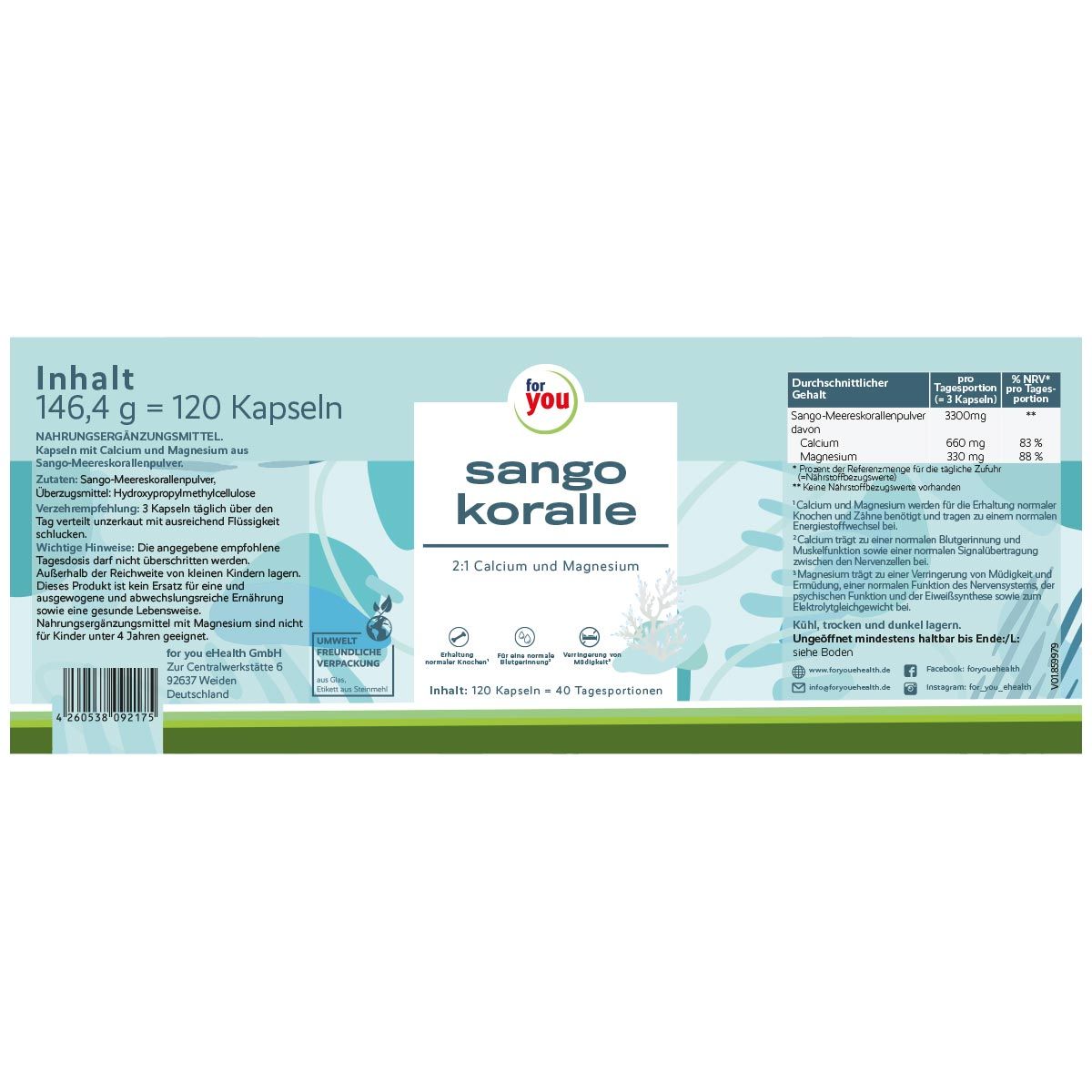 Verpackung mit Text und Nährwertangaben. Aufschrift: for you Sango Koralle, 2:1 Calcium und Magnesium. 120 Kapseln.