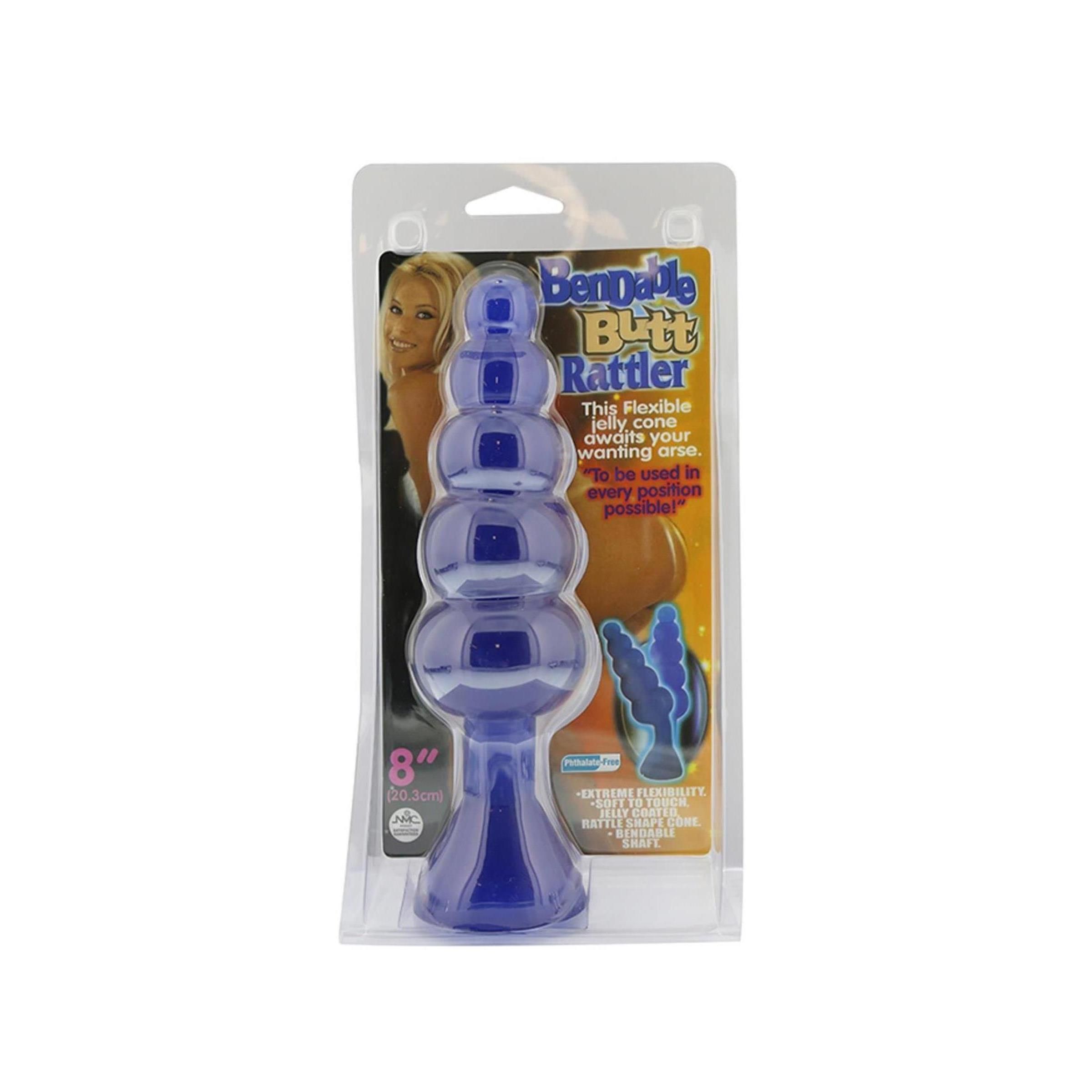 Blauer, flexibler Anal-Plug in Blisterverpackung. Mit Text: "Bendable Butt Rattler". 8 Zoll.