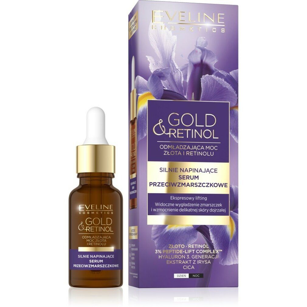 Braune Serumflasche mit goldfarbenem Verschluss und Pipette. Daneben eine Verpackung mit Produktnamen und floralem Design.