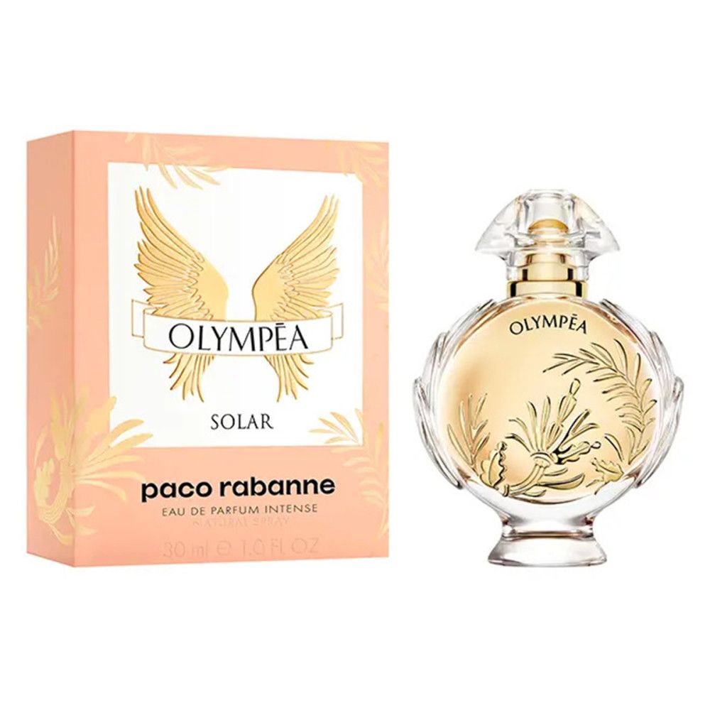 Paco Rabanne Olympéa Solar E.d.P. Nat. Spray. Flakon und Verpackung. Goldene Flügel auf der Verpackung.