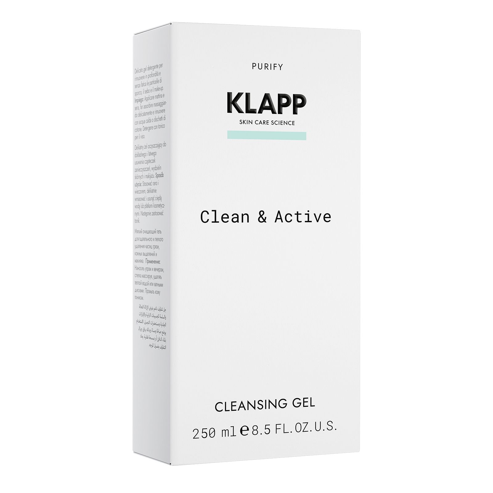 Weiße Kartonverpackung mit Klapp-Logo, Schriftzug Clean & Active und Cleansing Gel. Volumenangabe: 250 ml.