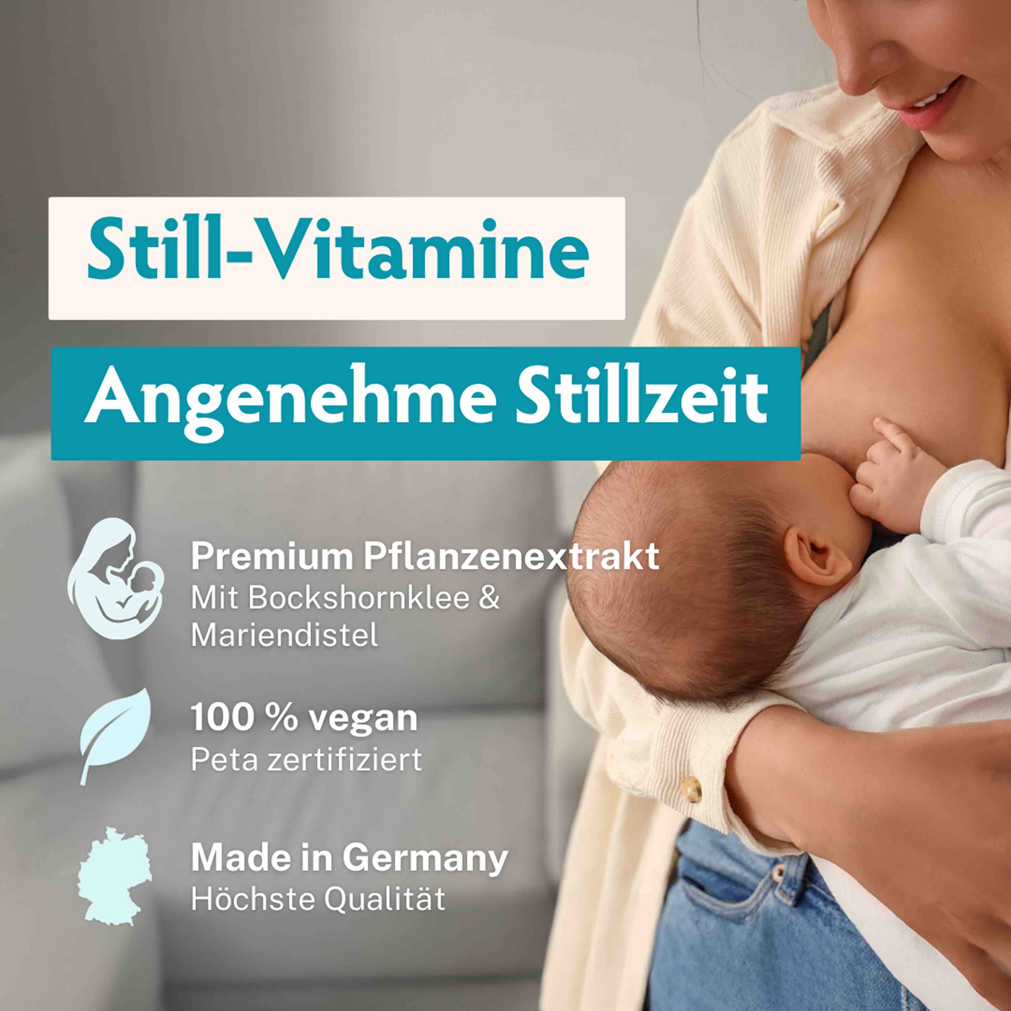 Still-Vitamine. Text: Premium Pflanzenextrakt, 100% vegan, Peta zertifiziert, Made in Germany. Frau stillt Baby.
