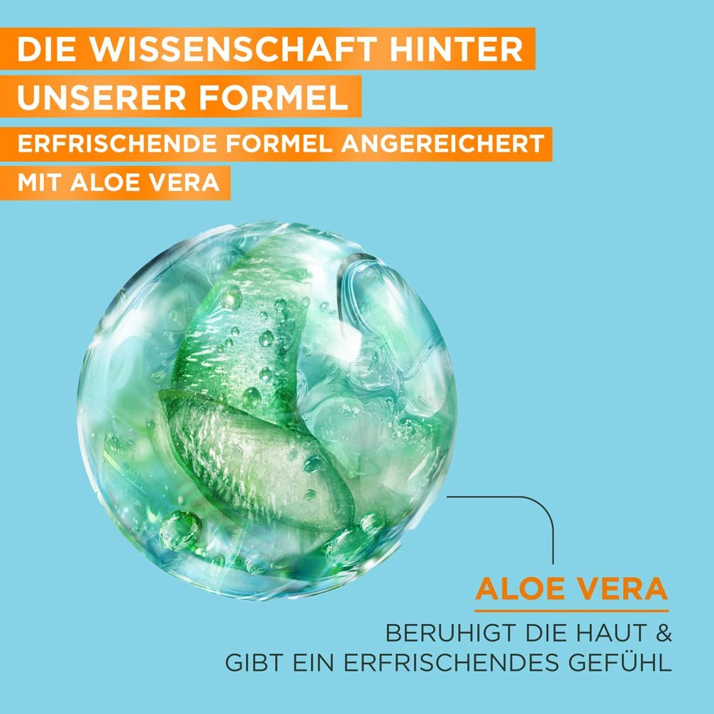 Abbildung einer Kugel mit Aloe Vera. Text: Erfrischende Formel mit Aloe Vera. Beruhigt die Haut.
