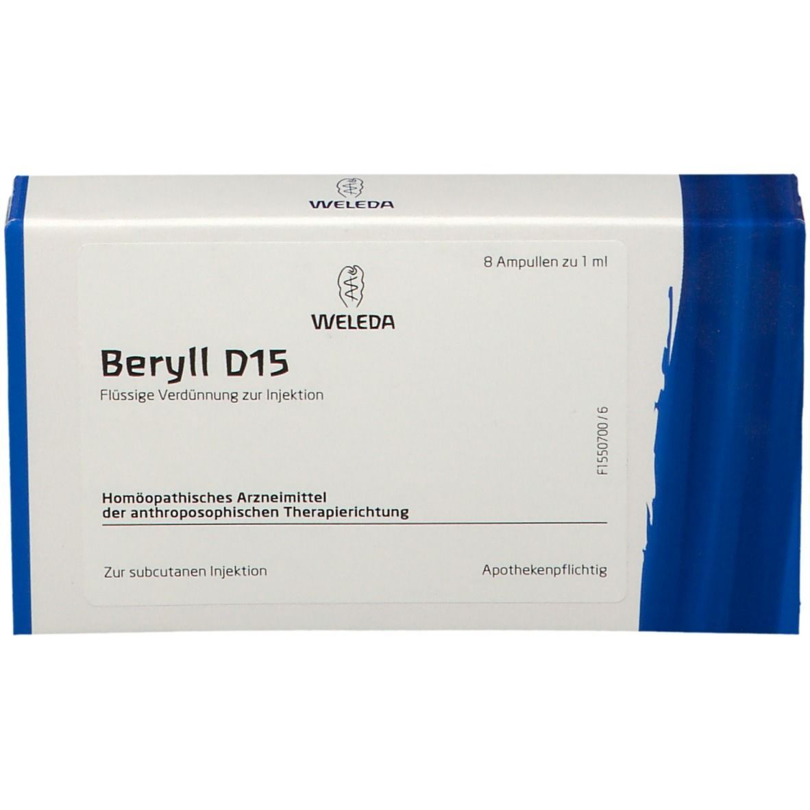 Weleda Beryll D15 Ampullen-Packung. Enthält 8 Ampullen. Aufschrift: Flüssige Verdünnung zur Injektion. Apothekenpflichtig.