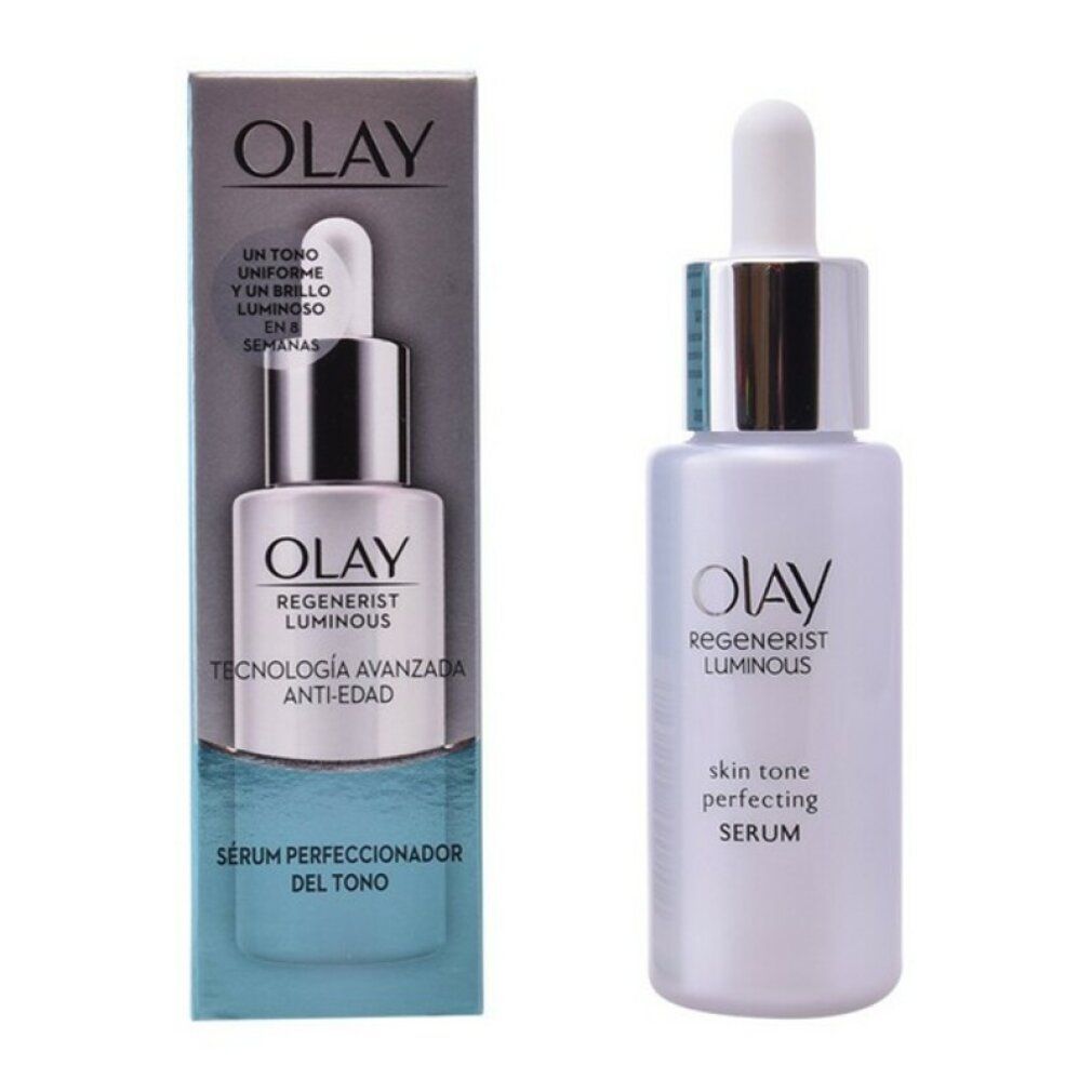 Olay Regenerist Luminoso Serum. Flasche mit Pipette und Verpackung. Text: Serum Perfecionador del Tono, Anti-Edad.