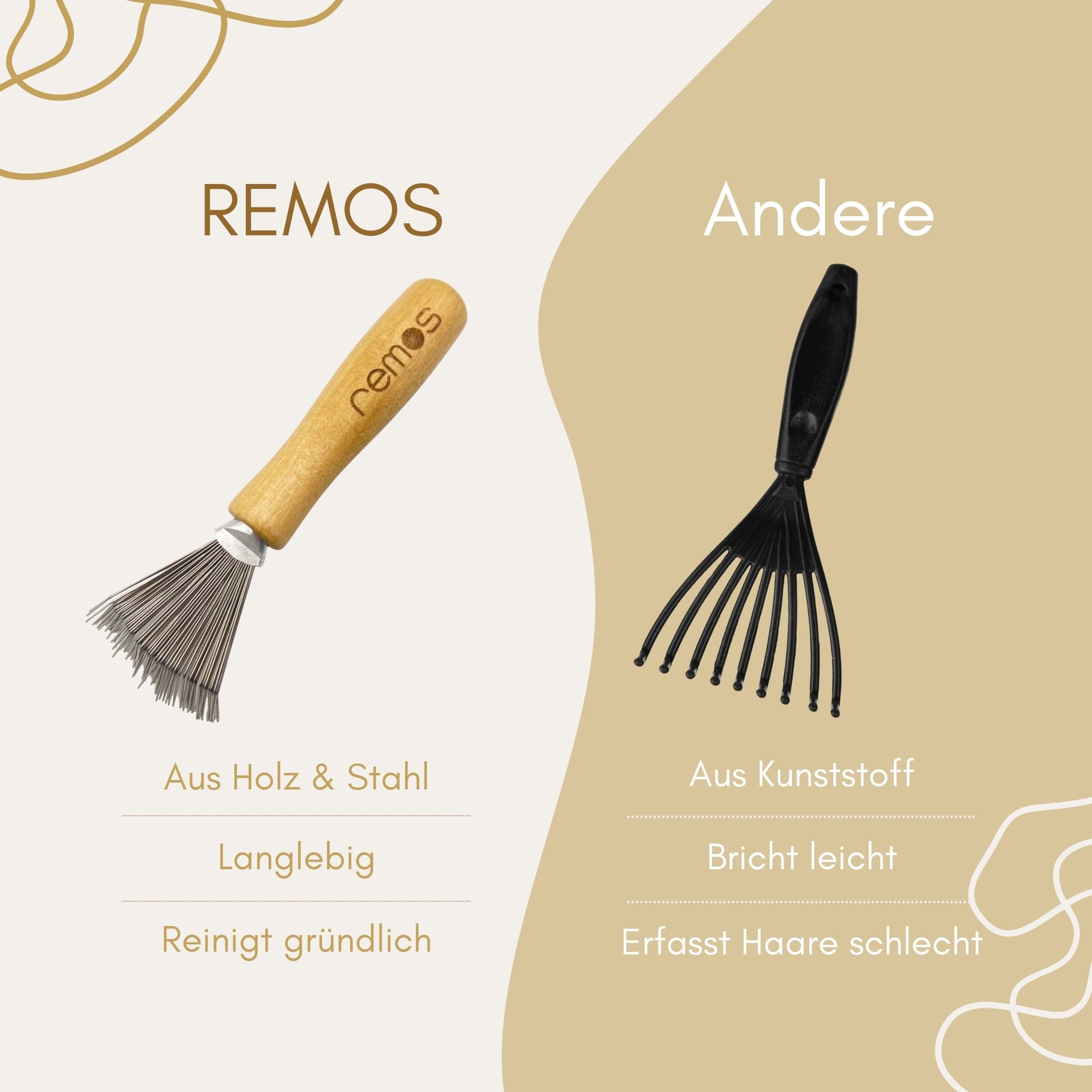 Vergleich: REMOS Bürstenreiniger (Holz/Stahl) vs. anderer (Kunststoff).